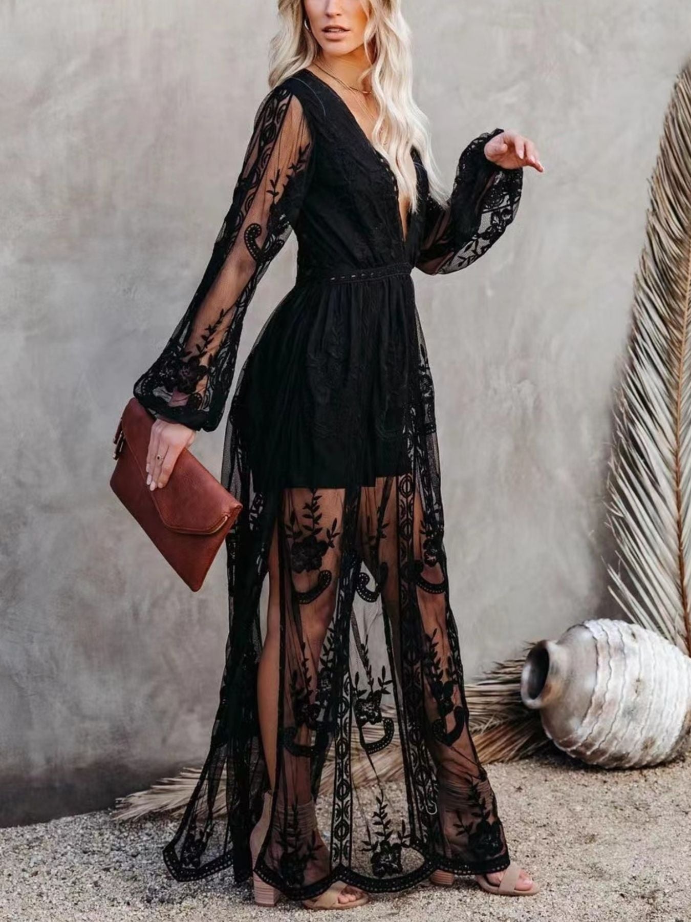 Floral Lace Slit Maxi Dress