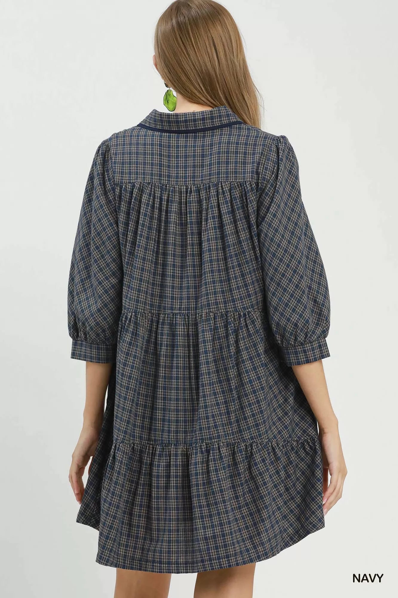 Umgee Plaid Button Down Oversized Shirt Dress