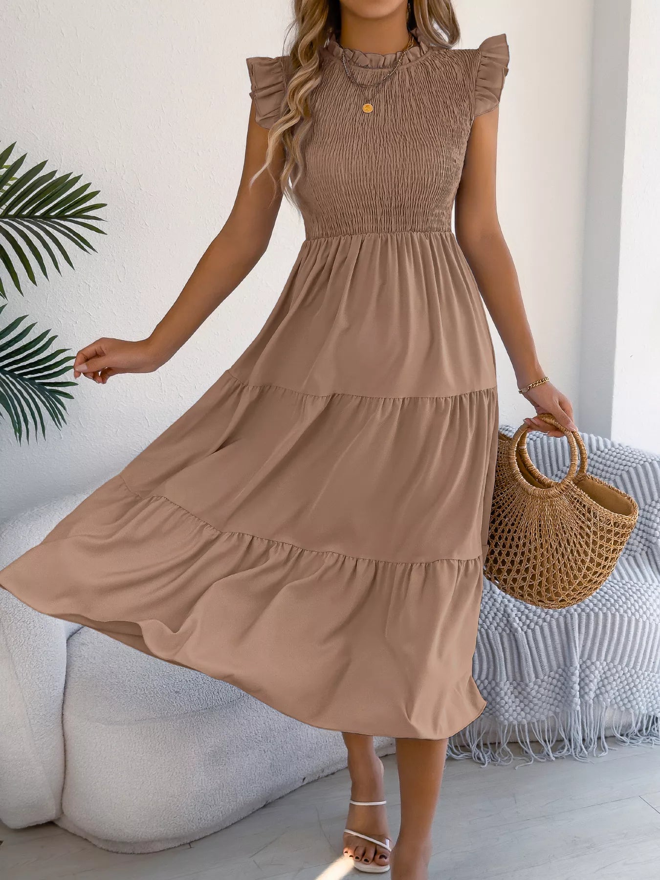 Smocked Ruffled Cap Sleeve Dress