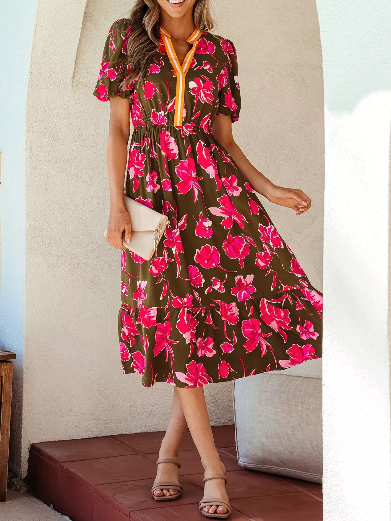 Floral Print Split Neck Short Puff Sleeve Ruffle Hem Dress