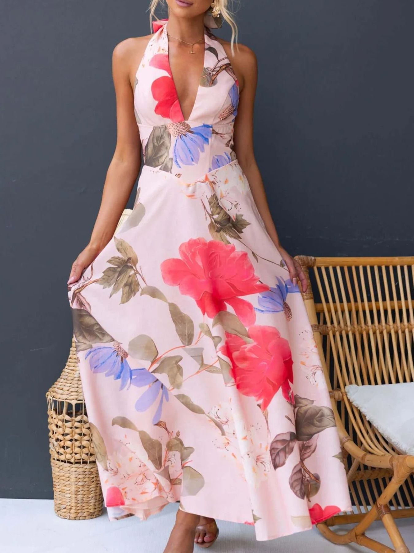 Floral Print Halter Neck Maxi Dress