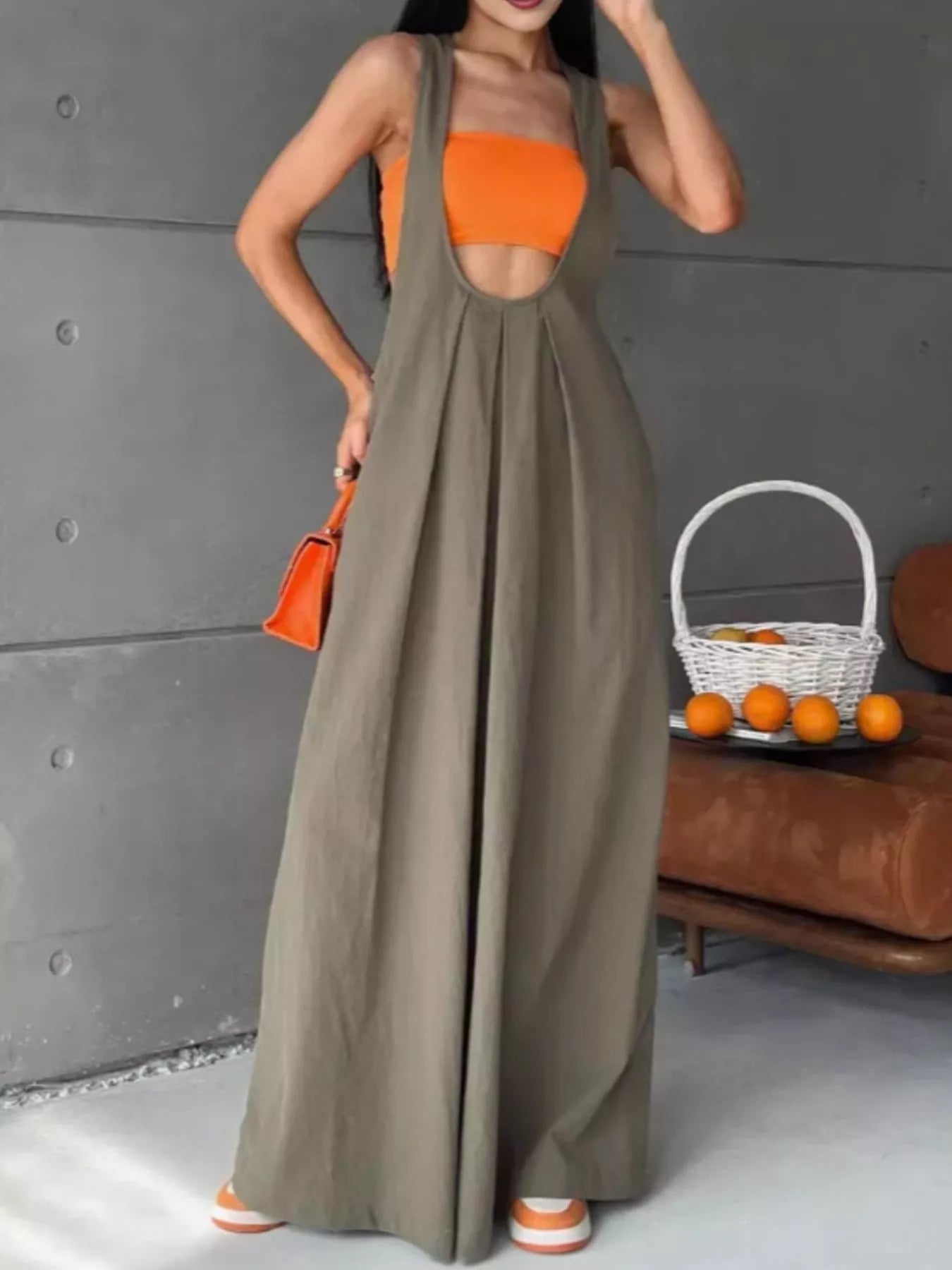Pleated Overall Dress with Pockets