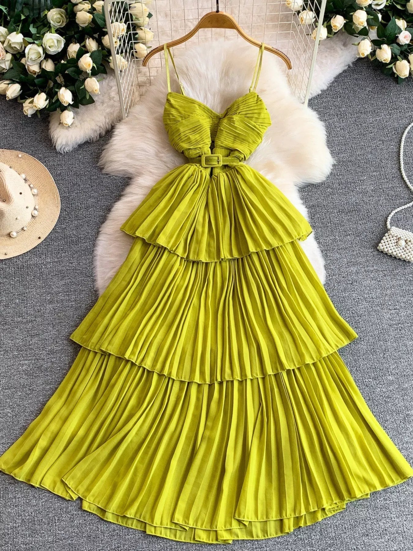 Pleated Layered Spaghetti Strap Midi Dress