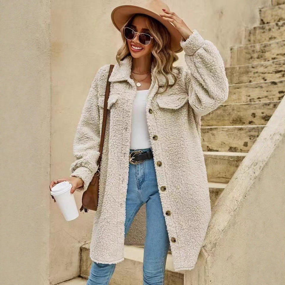 Women's Teddy Bear Plush Mid-Length Hooded Faux Fur Coat