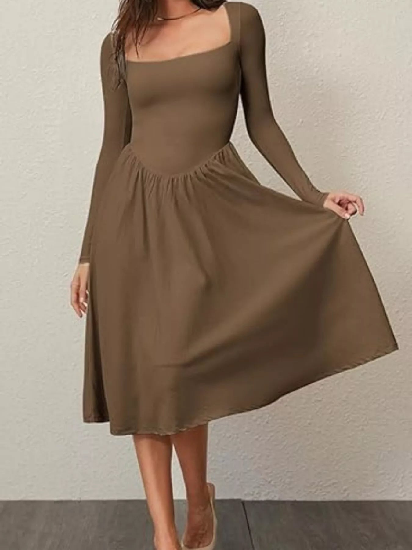 Square Neck Long Sleeve Midi Dress