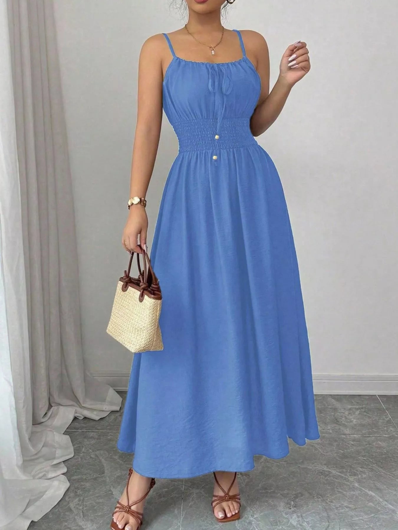 Smocked Spaghetti Strap Midi Dress