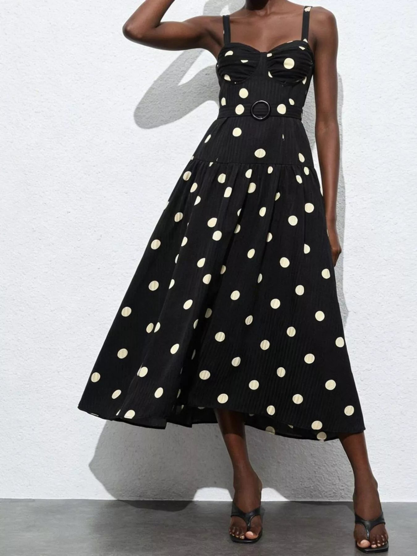 Polka Dot Sweetheart Neck Midi Dress