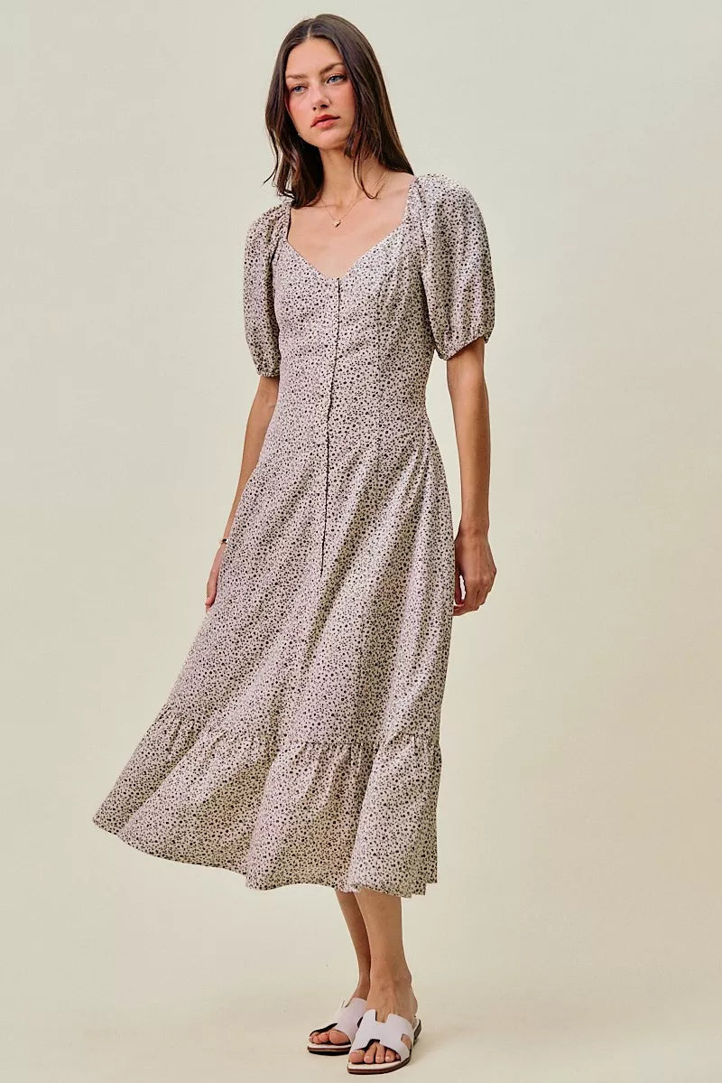 SO ME Ditsy Floral Self Belt On Elastic Waist Maxi Dress