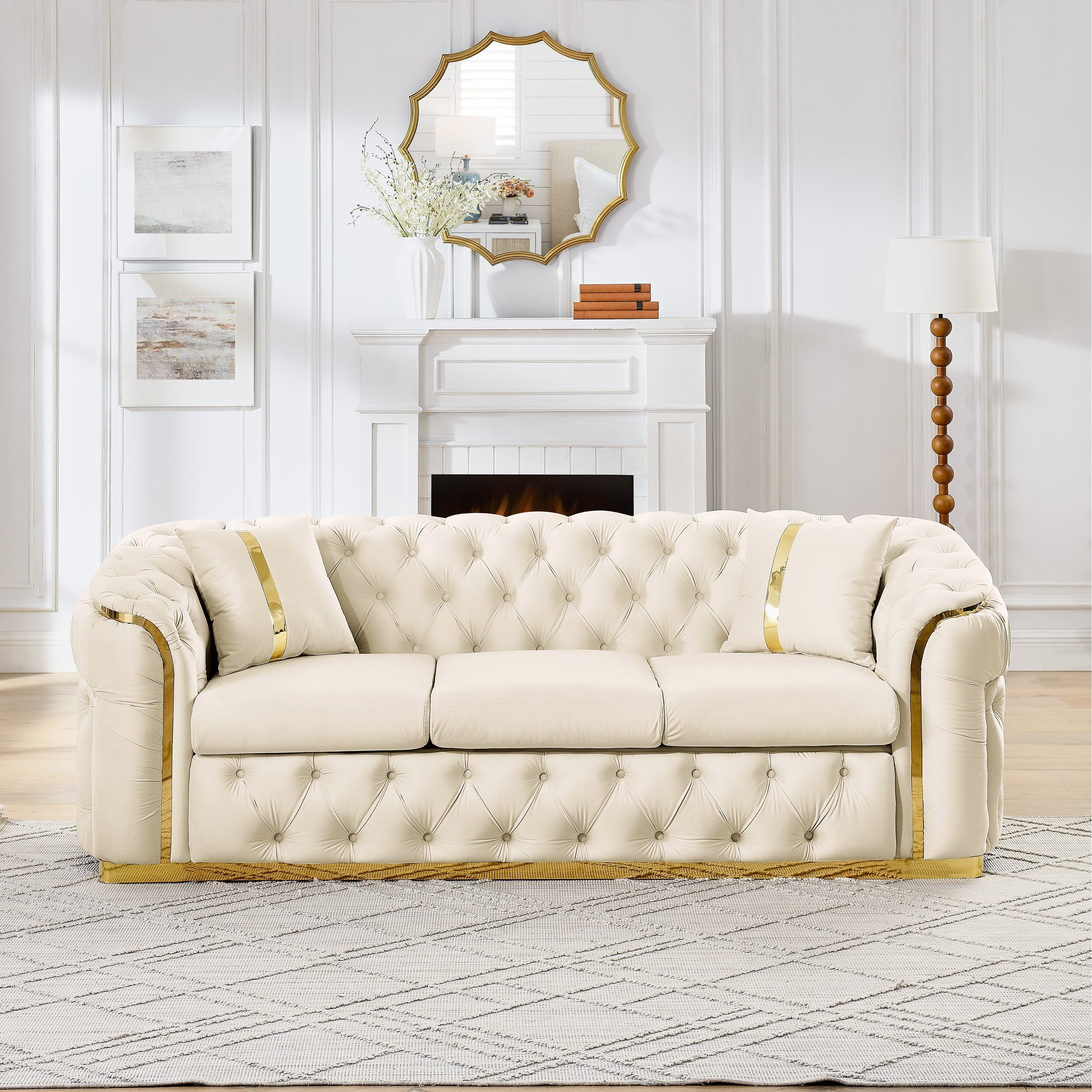 90.6 Inches Velvet Button Tufted Sofa Couch with 2 Pillows