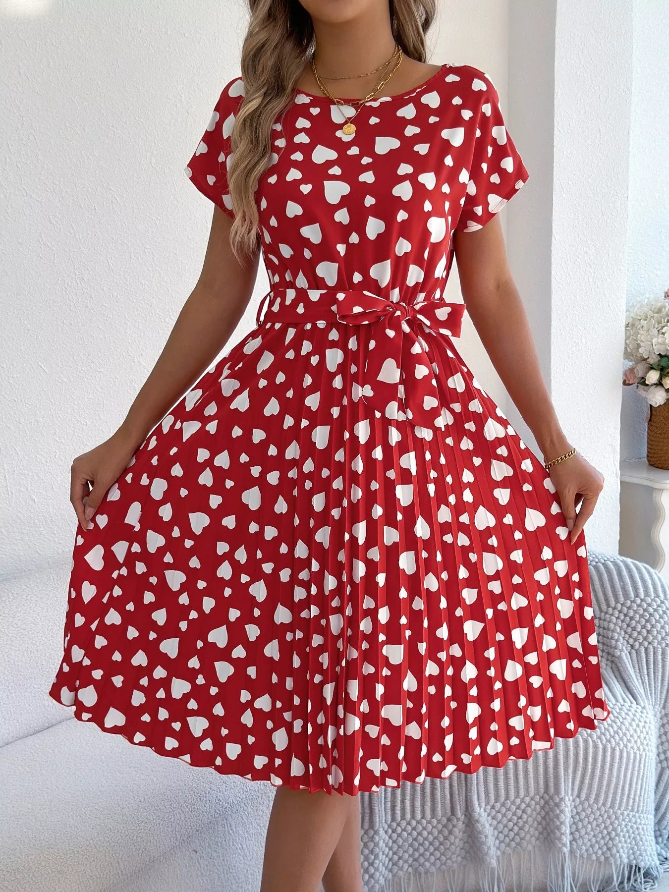 Heart Print Belted Pleated Midi Dress