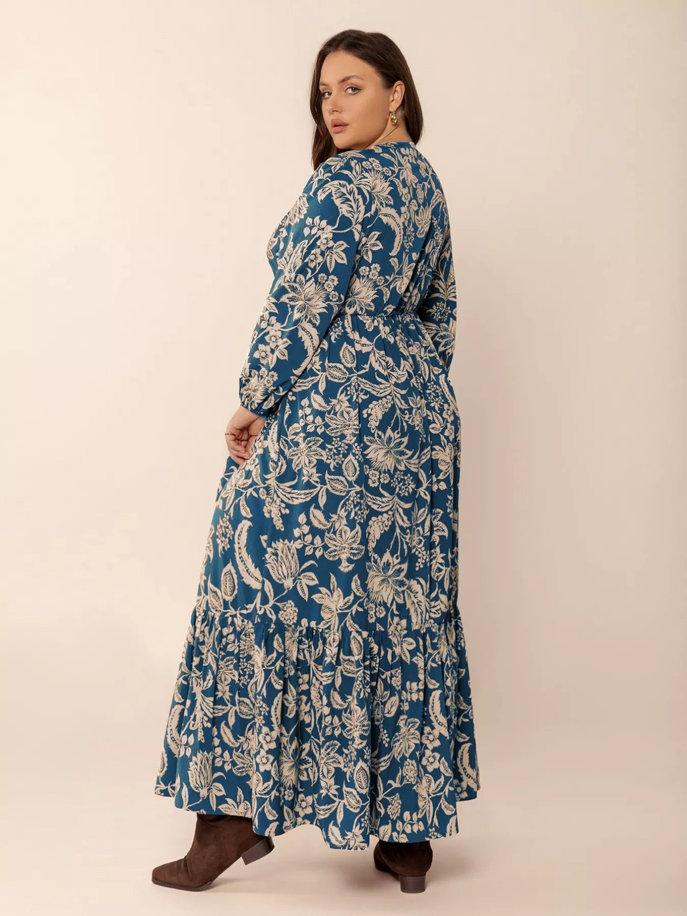 Plus Size Boho Floral Print Long Sleeve Maxi Dress