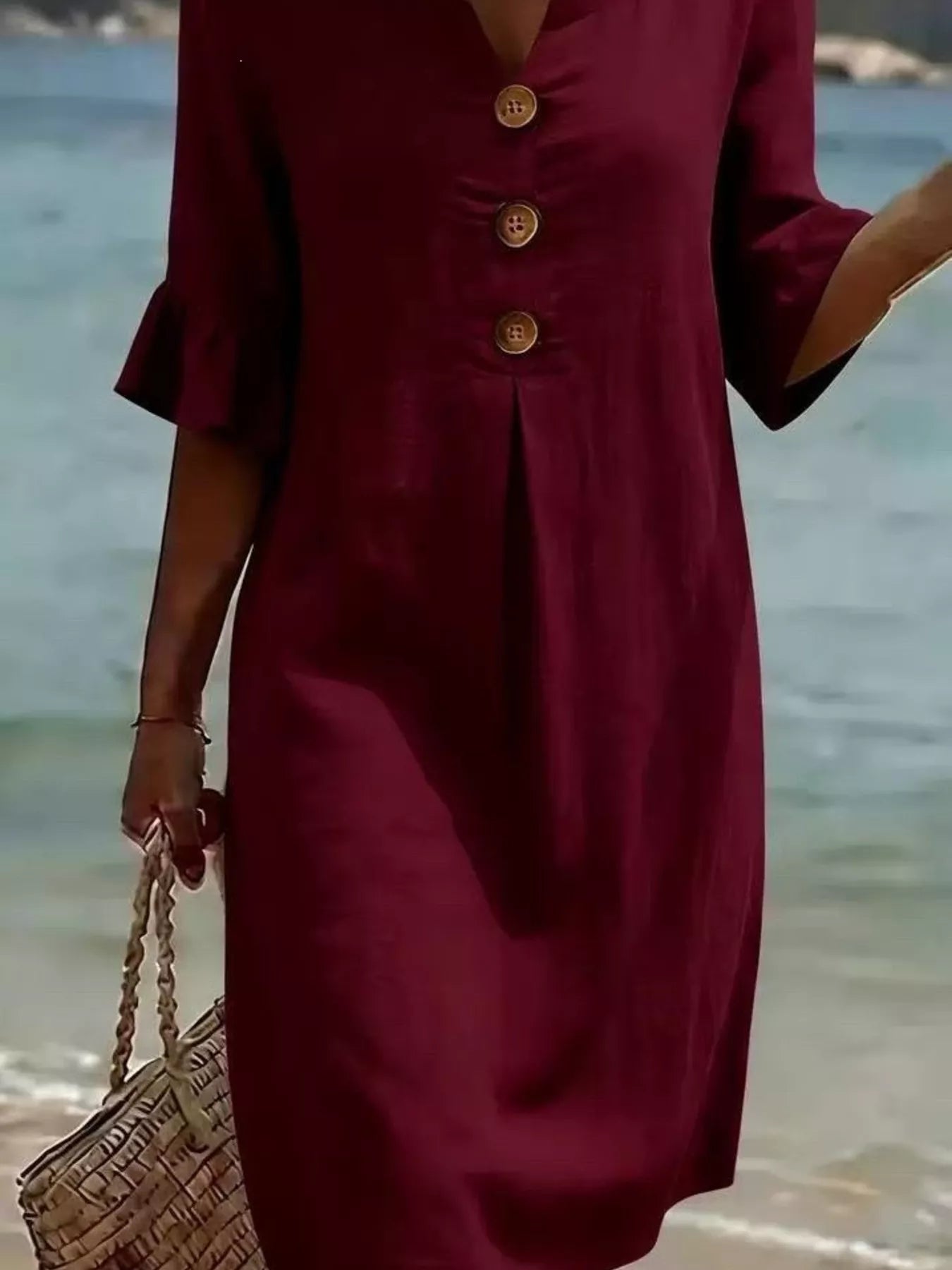 Full Size Button Decor Ruffle Sleeve Midi Dress Plus Size