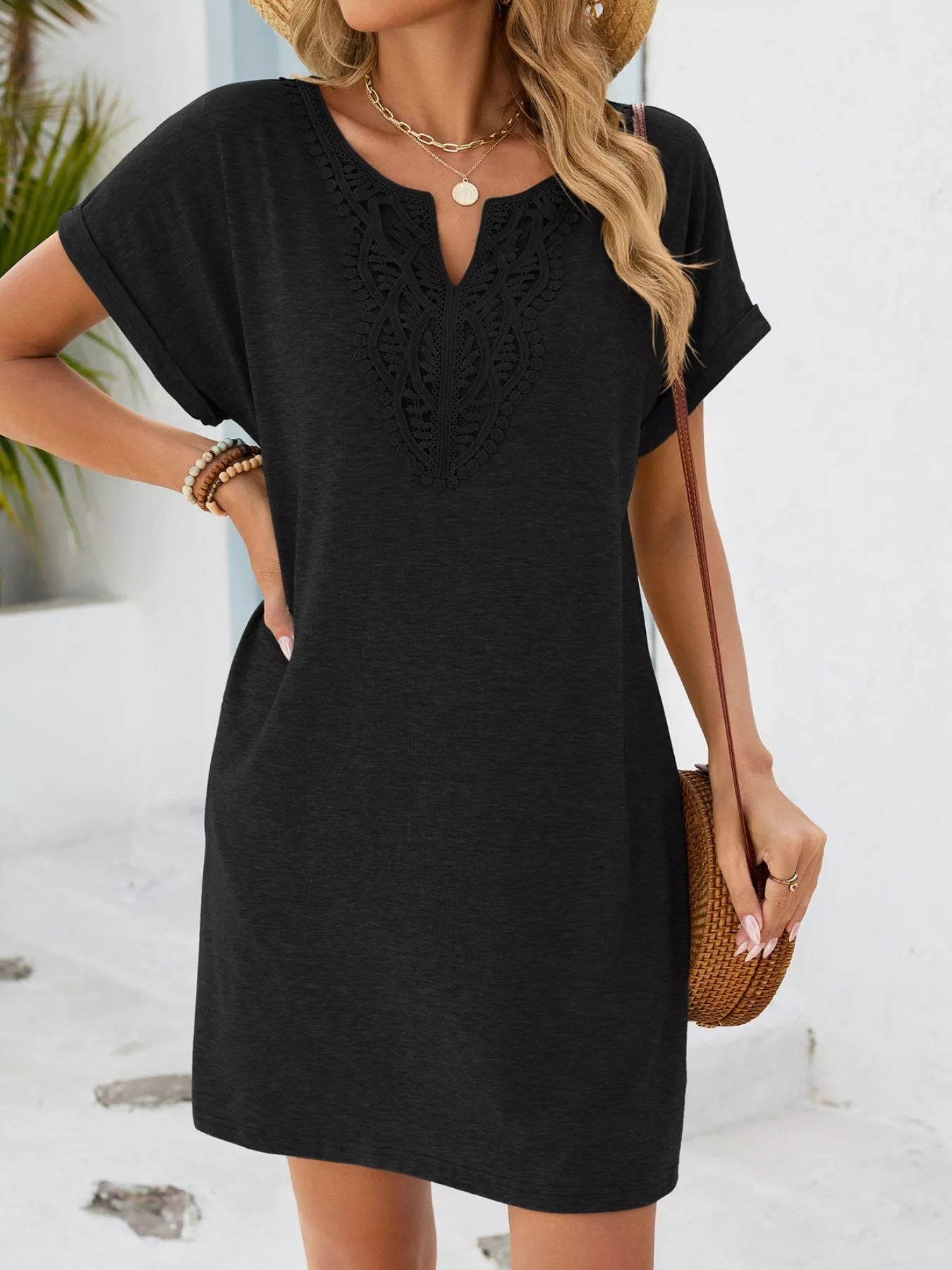 Lace Trim Notched Short Sleeve Dress