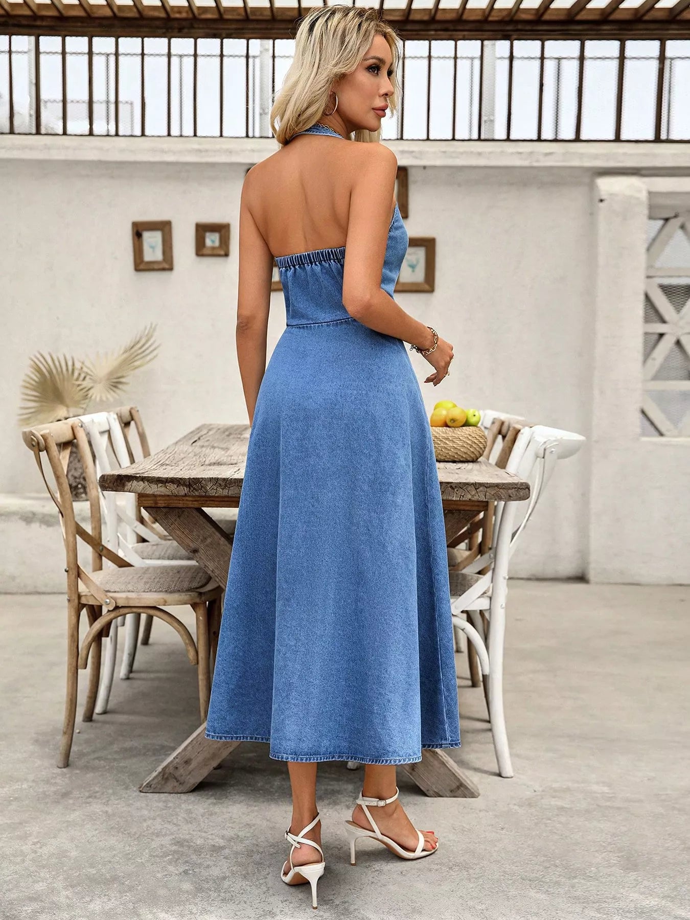 Halter Neck Button-Down Denim Dress