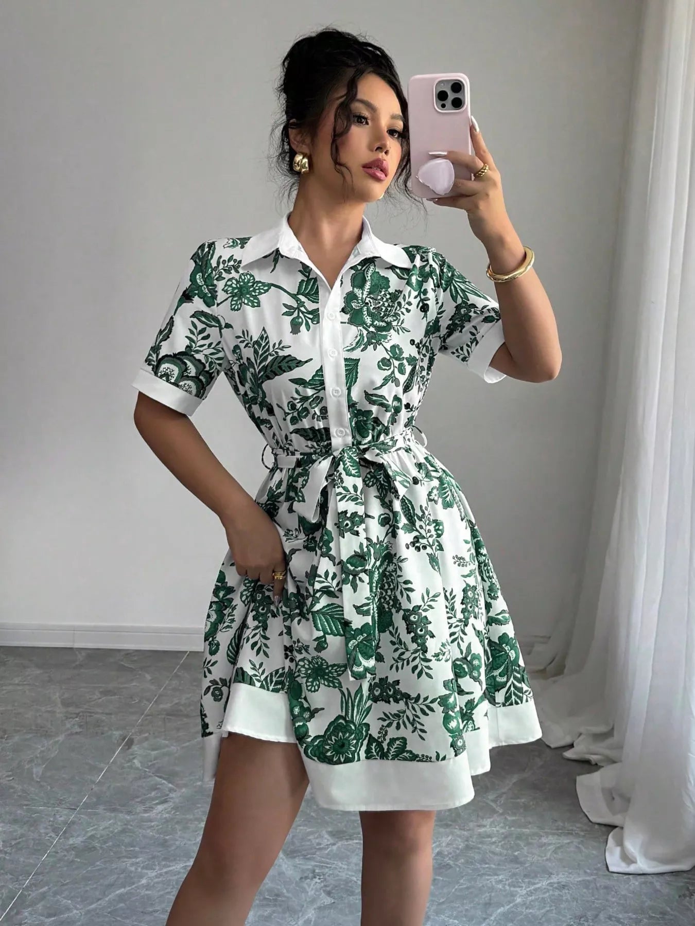 Printed Button Front Mini Dress
