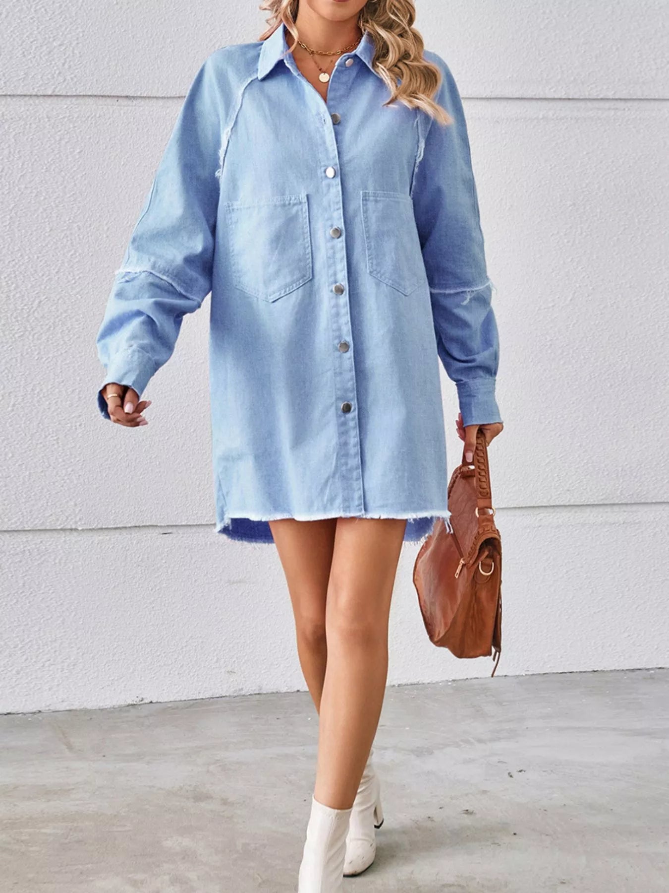Button-Down Raw Hem Denim Dress