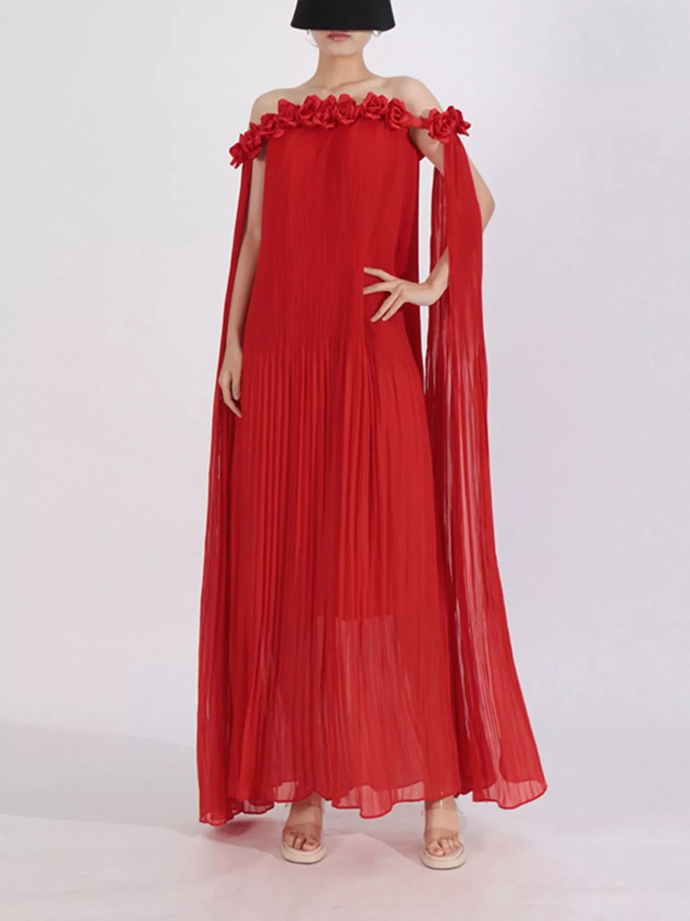 Off-Shoulder Floral Pleated Maxi Dress