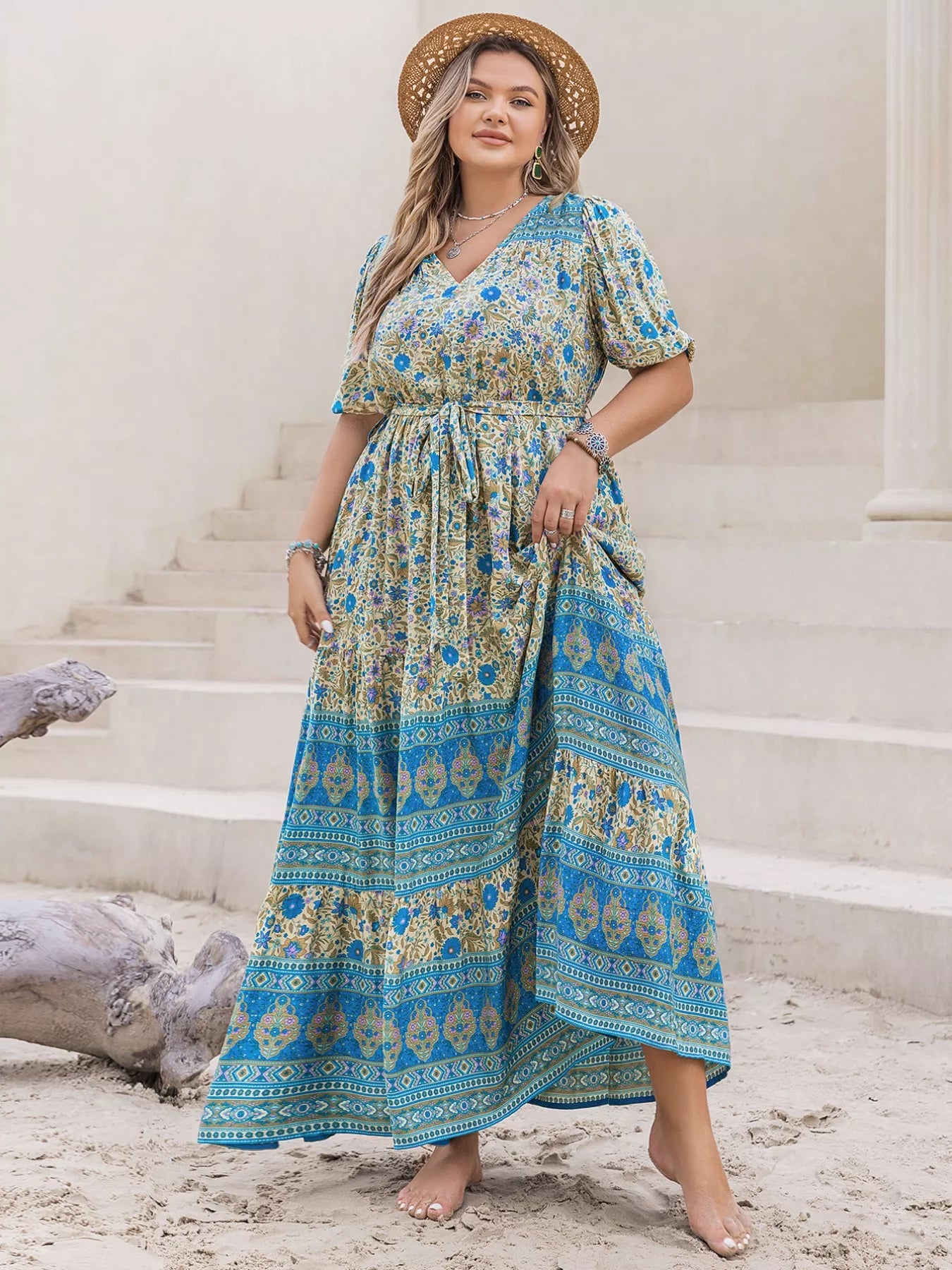 Plus Size V-Neck Floral Print Maxi Dress