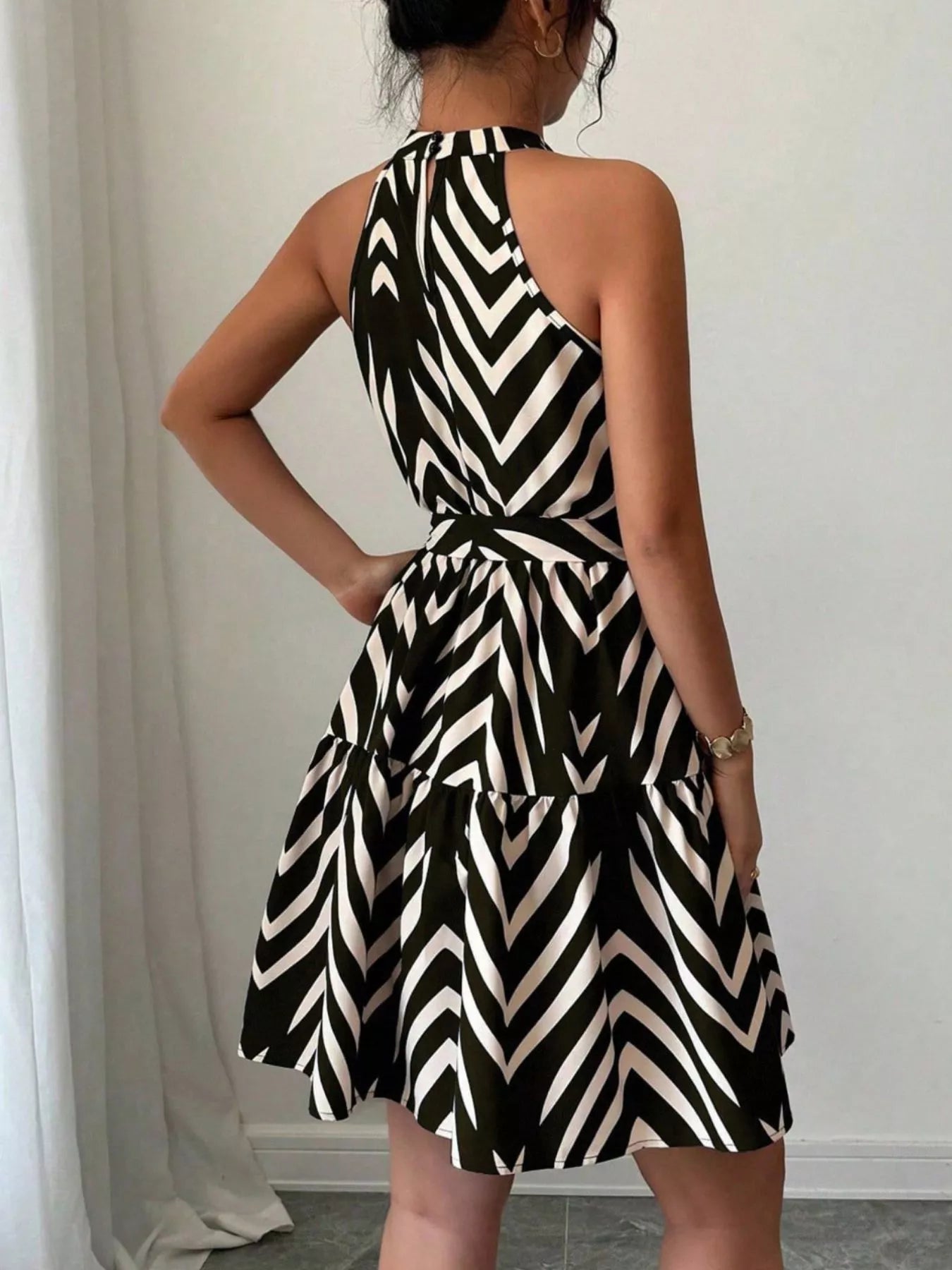 Zebra Print Halter Neck Tie Waist Ruffle Hem Dress