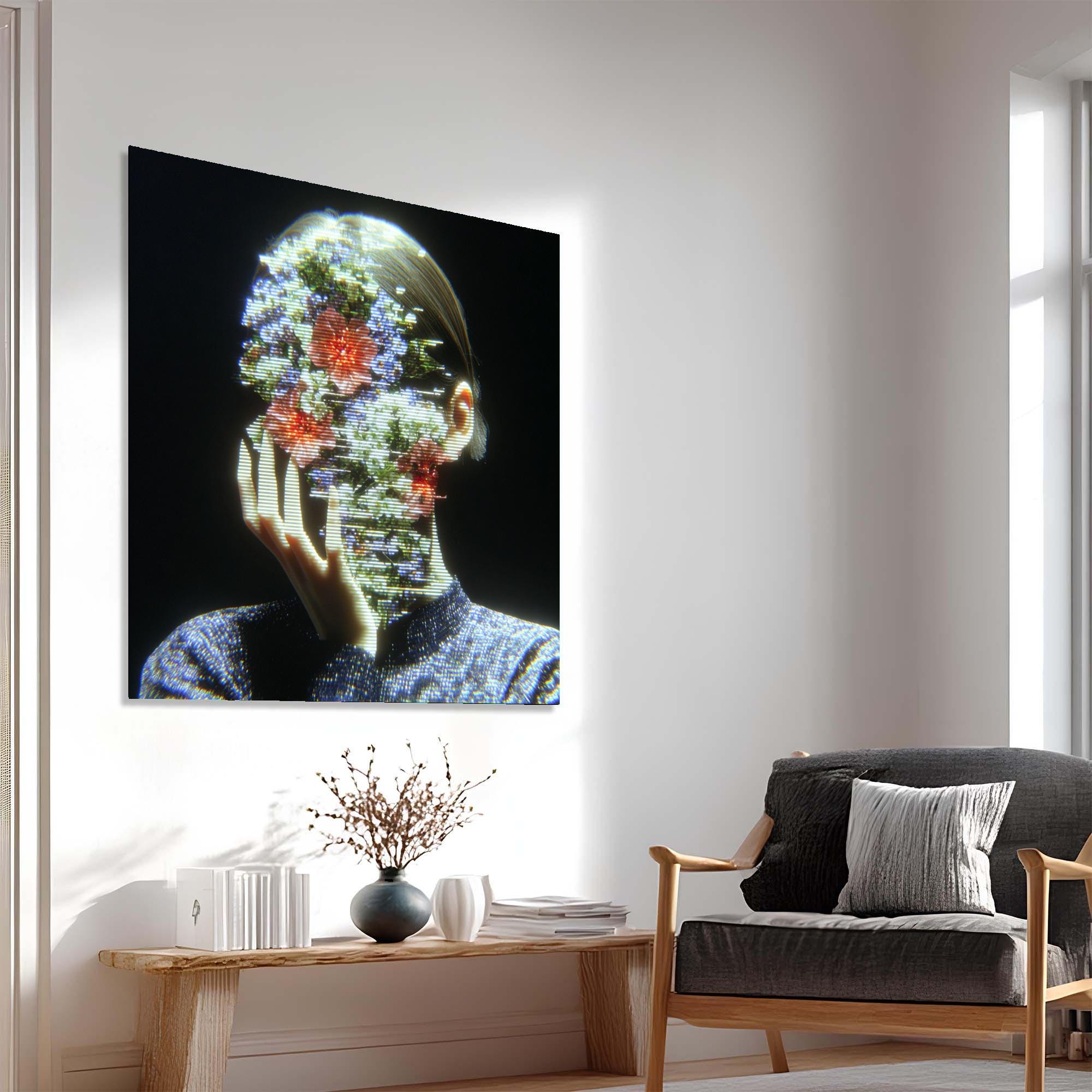 Floral Face Tempered Glass Wall Art | Modern Abstract Portrait Decor