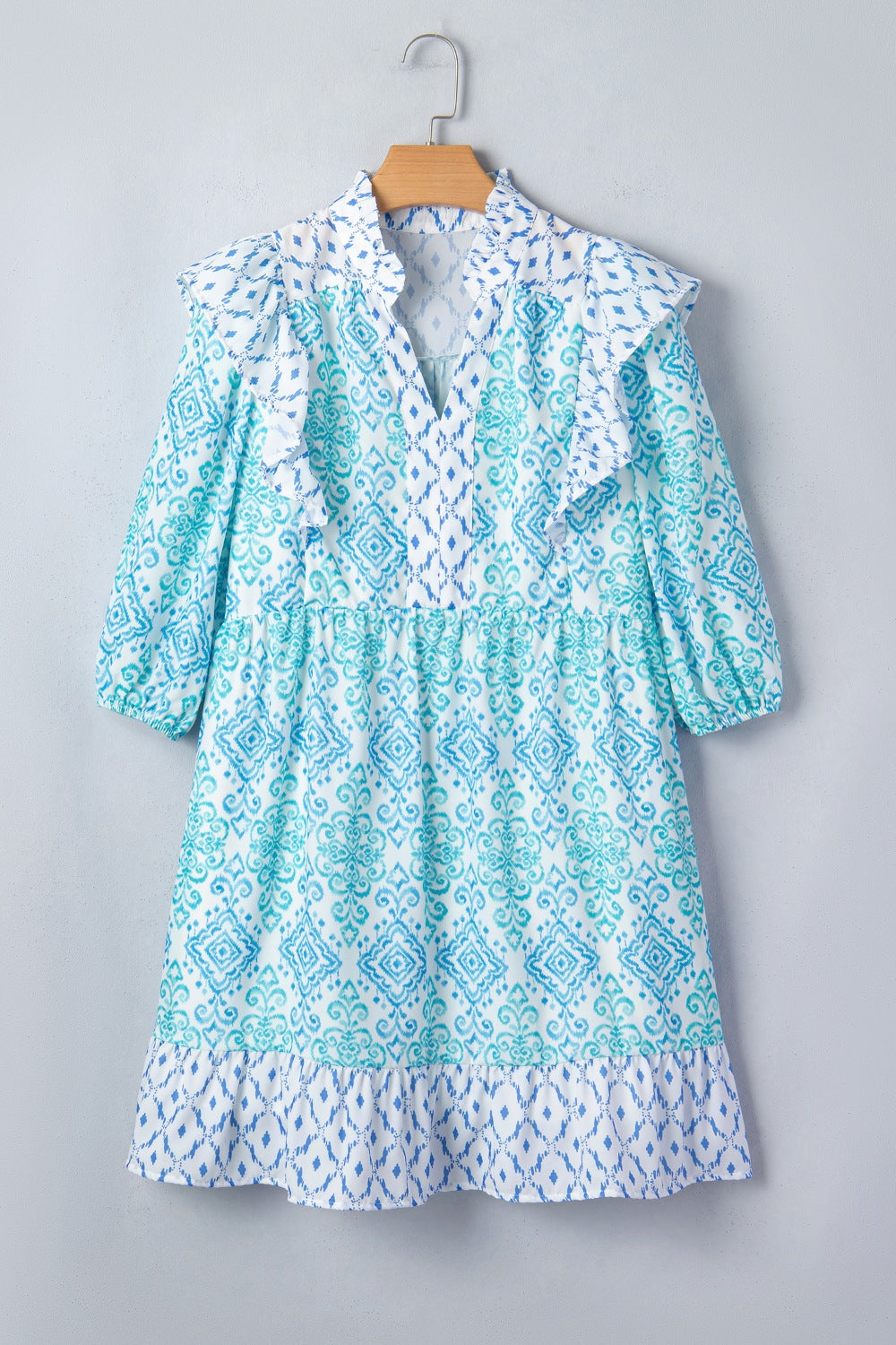 Floral Geometric Patchwork Ruffle Detail Puff Sleeve Mini Dress
