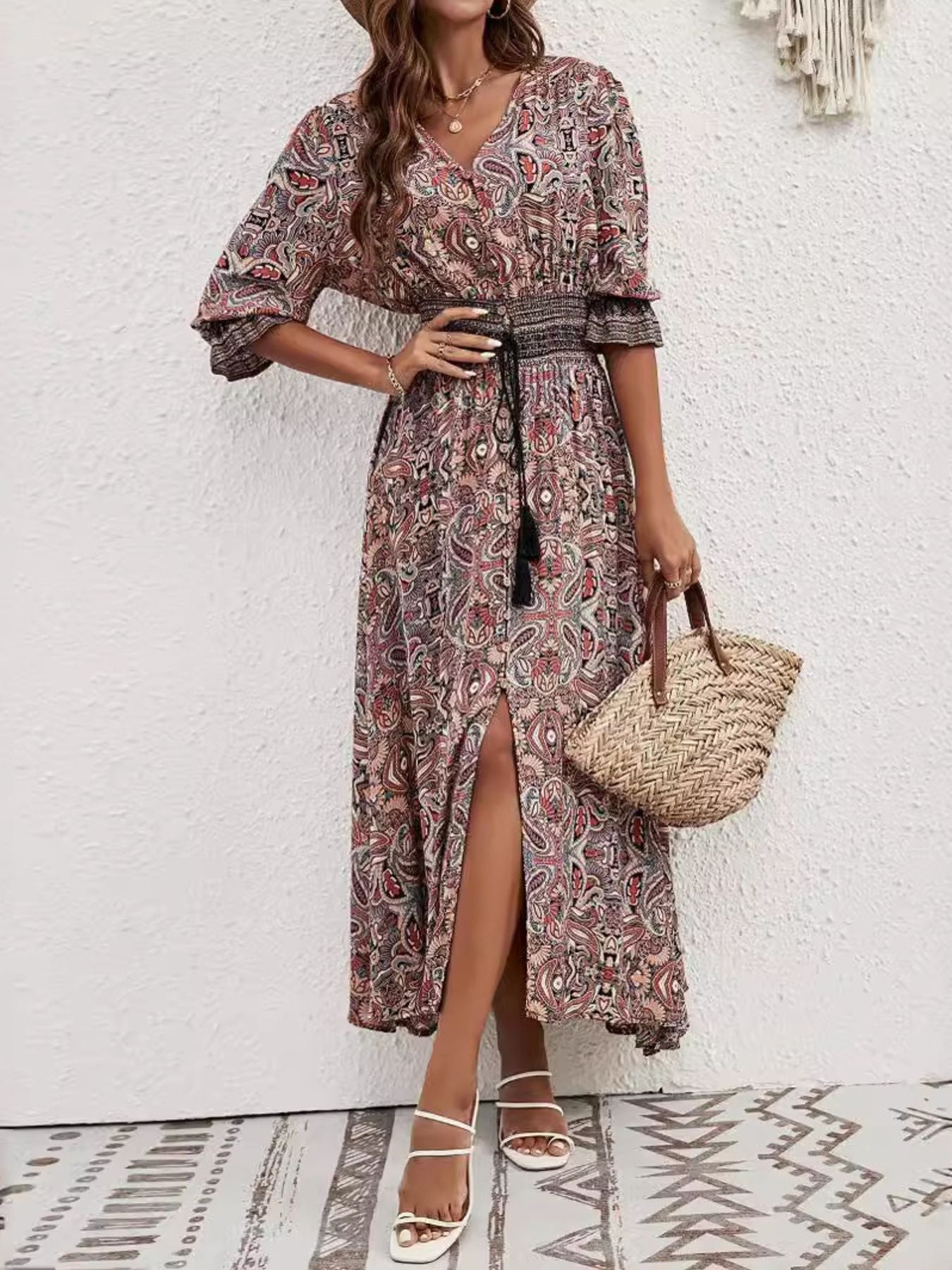 Paisley Print Half Sleeve Slit Midi Dress