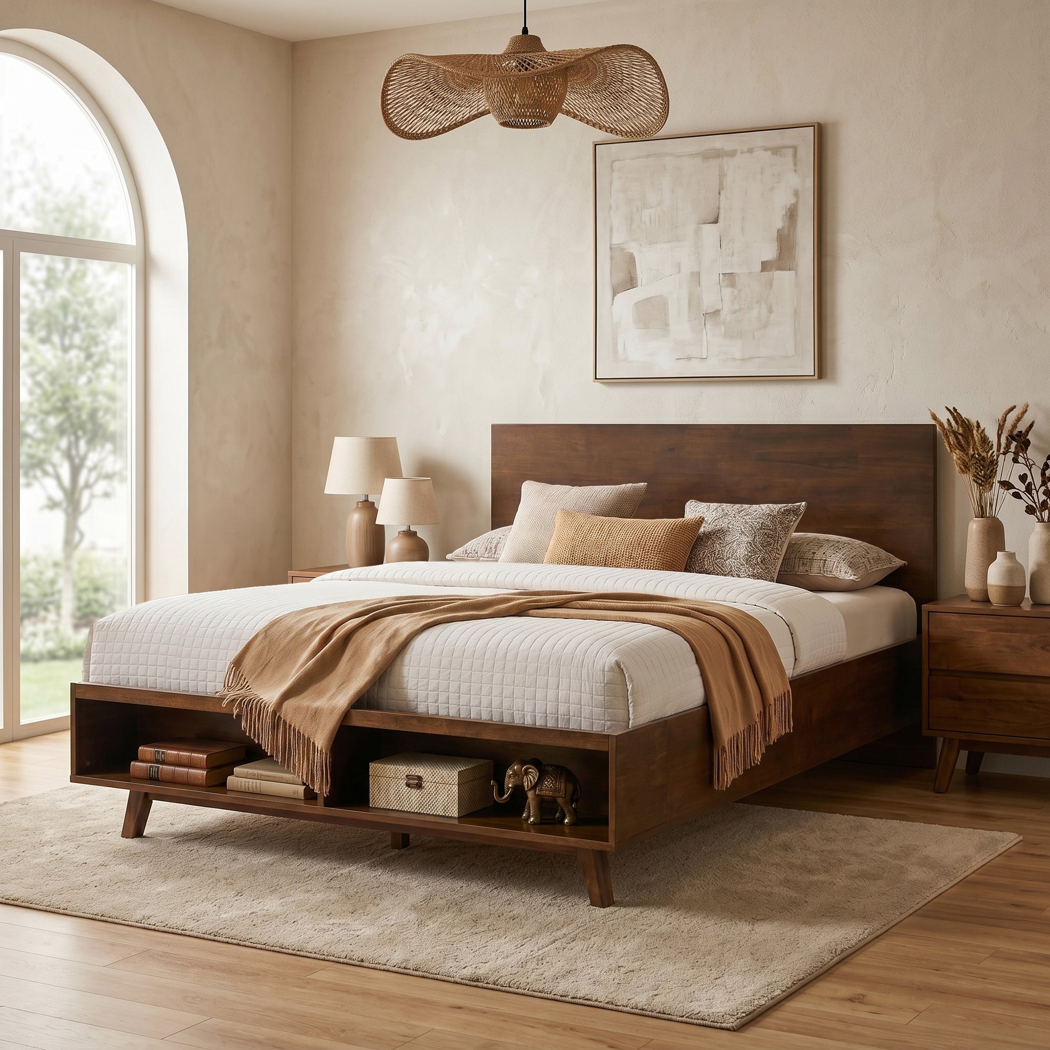 Walnut King Size Platform Bed Frame with Footboard Storage