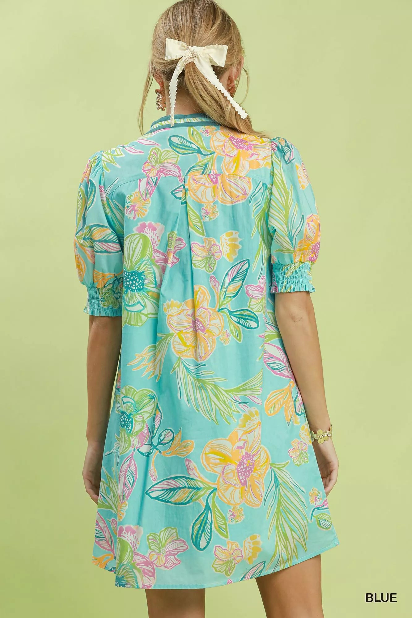Umgee Botanical Print Dress with Smocked Cuffs