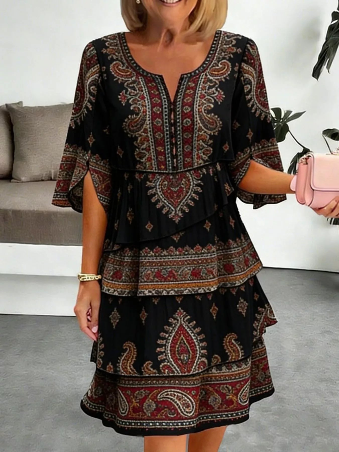 Full Size Paisley Print Layered Ruffle Mini Dress Plus Size
