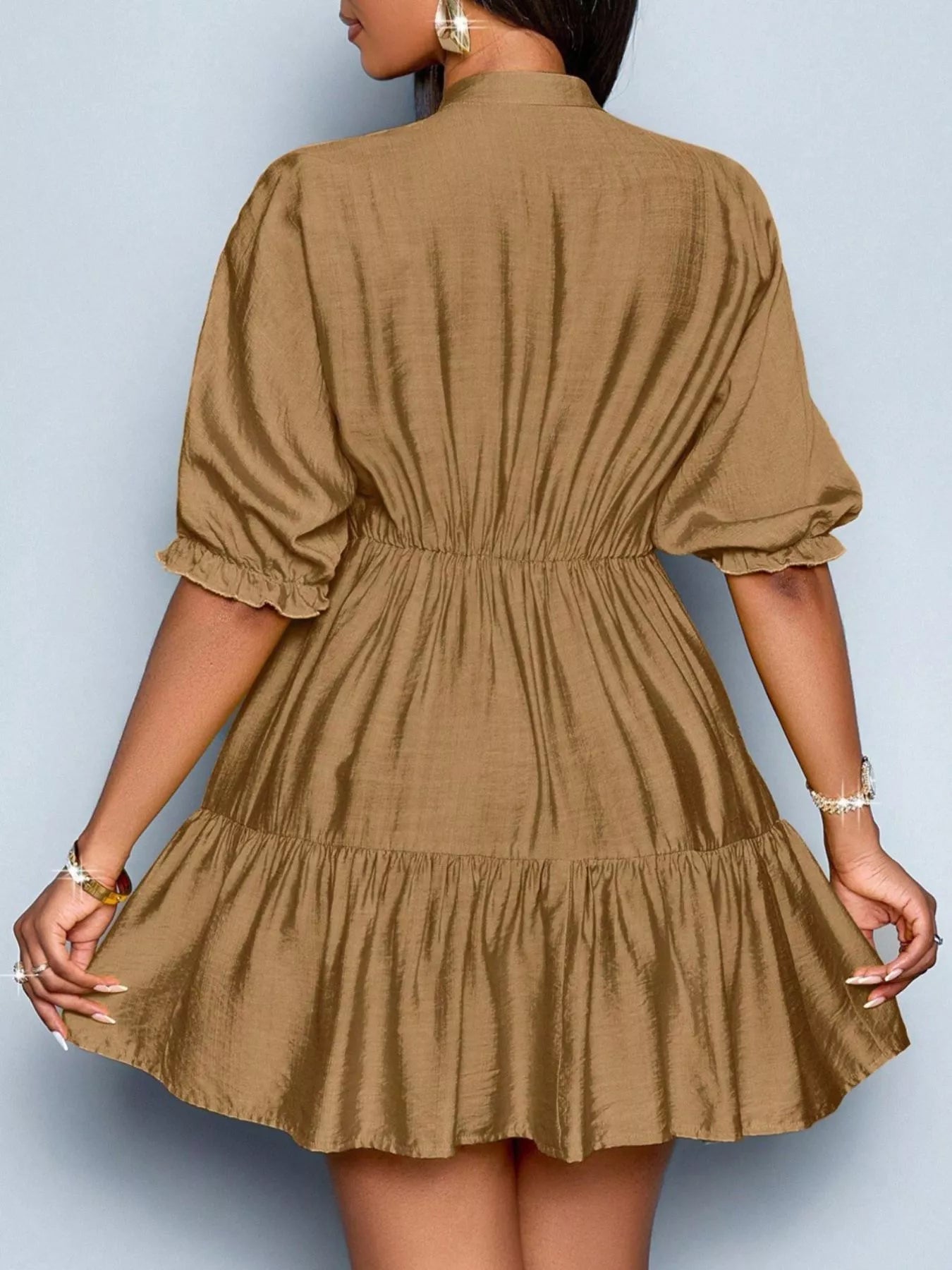 Notched Half Sleeve Tiered Dress