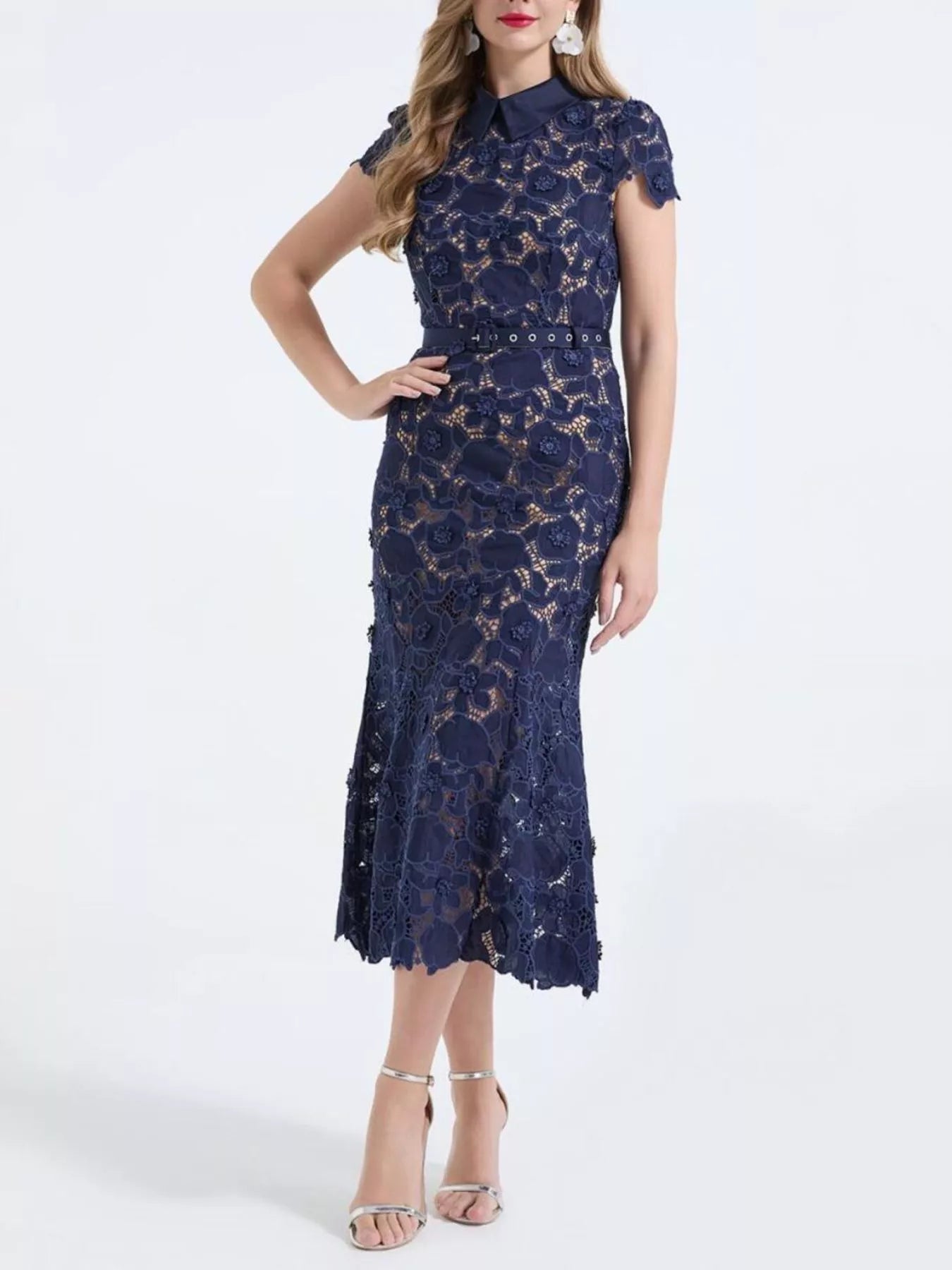 Floral Lace Short Sleeve Midi Dress