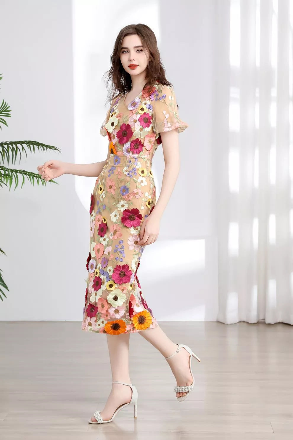 Floral Embroidered Puff Sleeve Midi Dress