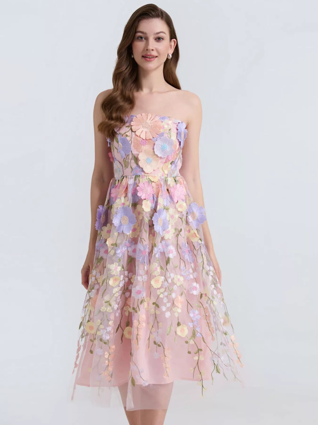 Floral Applique Strapless Midi Dress