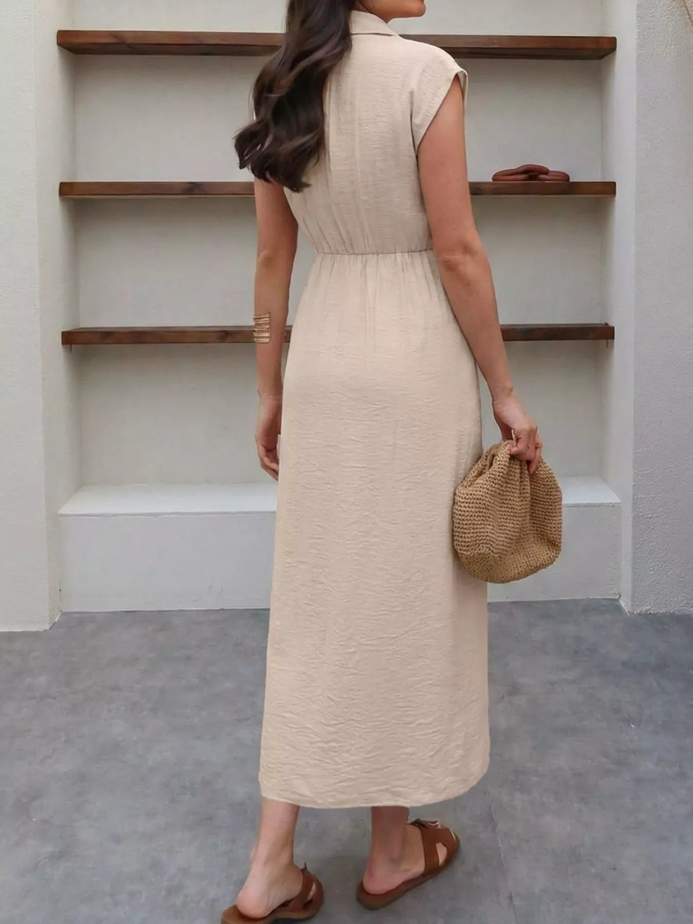 Sleeveless Button-Down Tie Waist Midi Dress