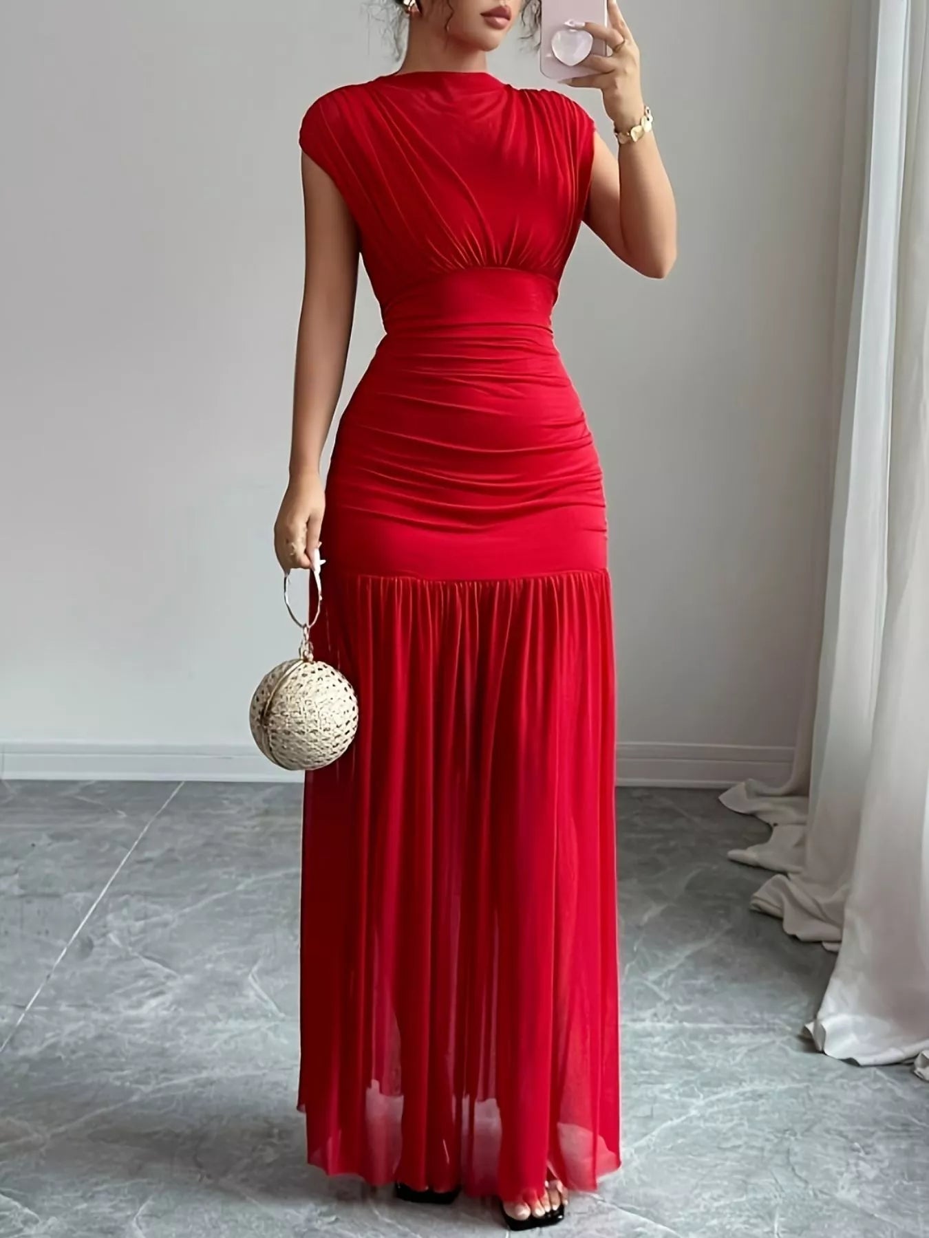 Ruched Cap Sleeve Maxi Dress
