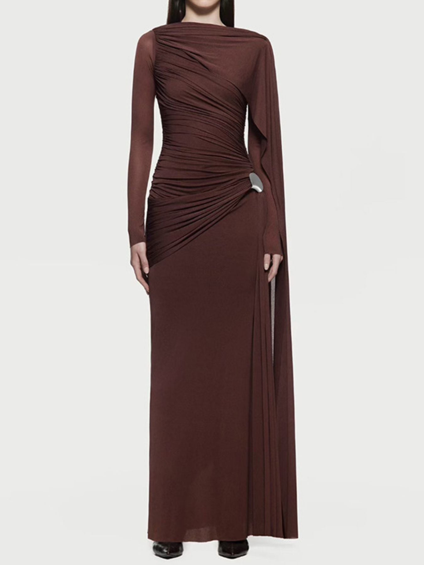 Ruched Draped Long Sleeve Maxi Dress