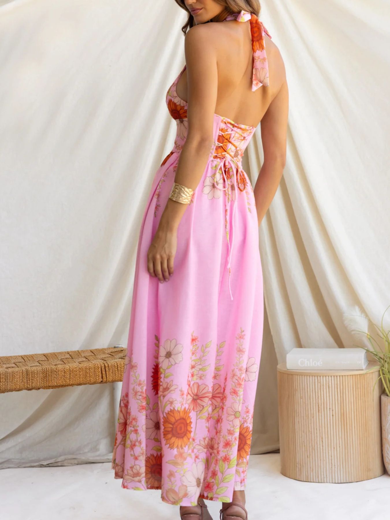 Floral Print Halter Neck Maxi Dress