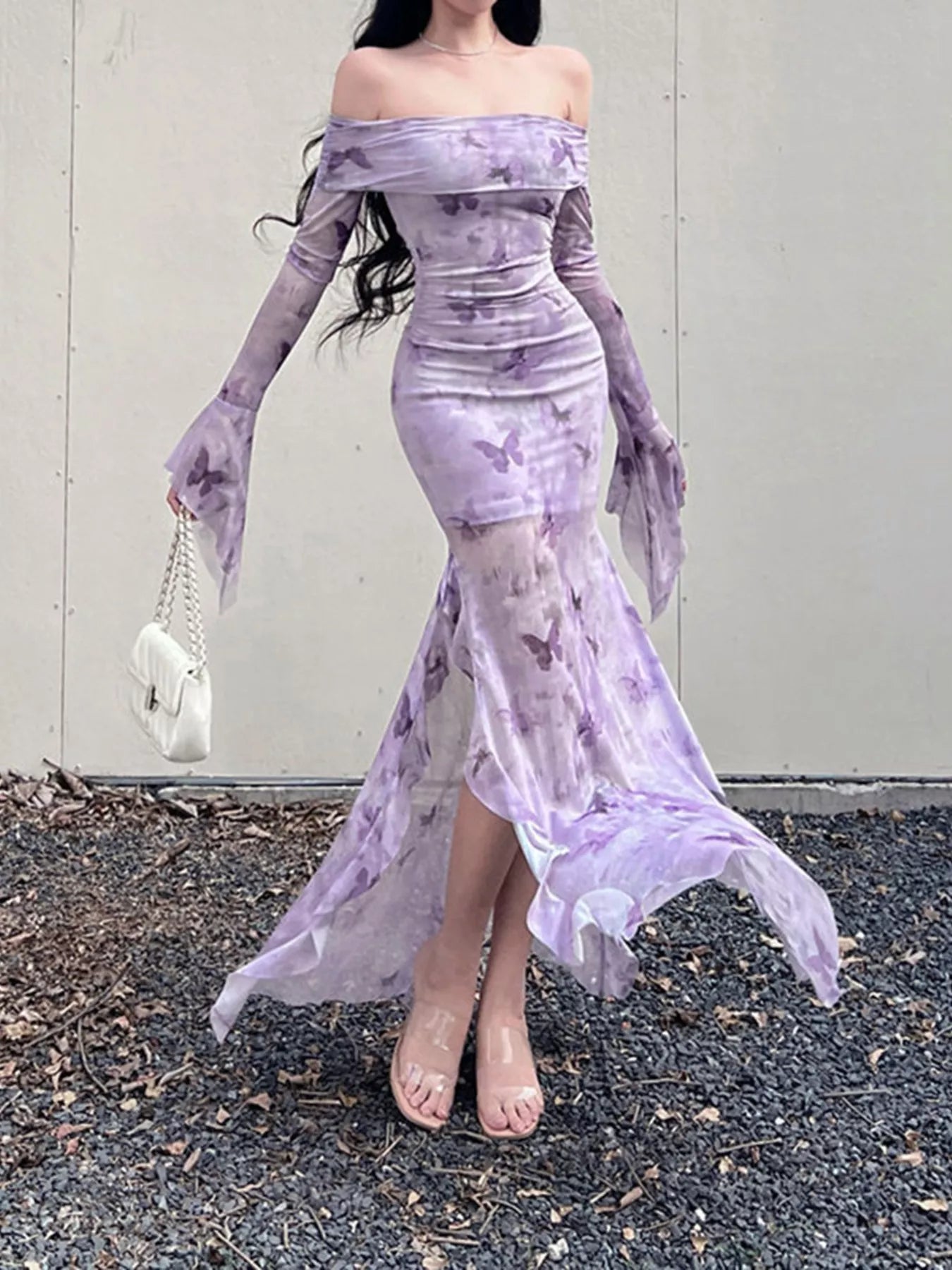 Butterfly Print Off-Shoulder Mesh Mermaid Dress