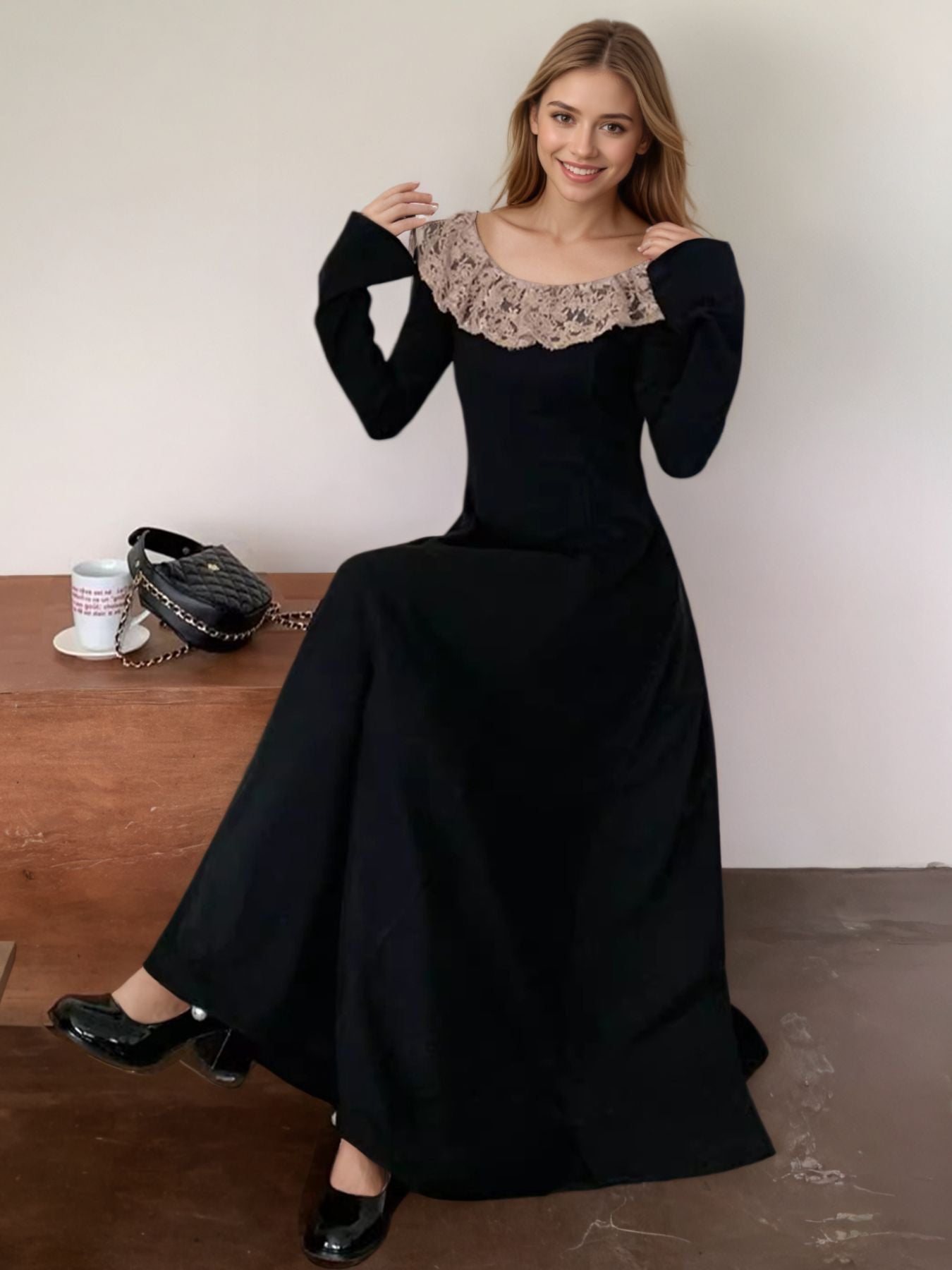 Lace Collar Long Sleeve Dress
