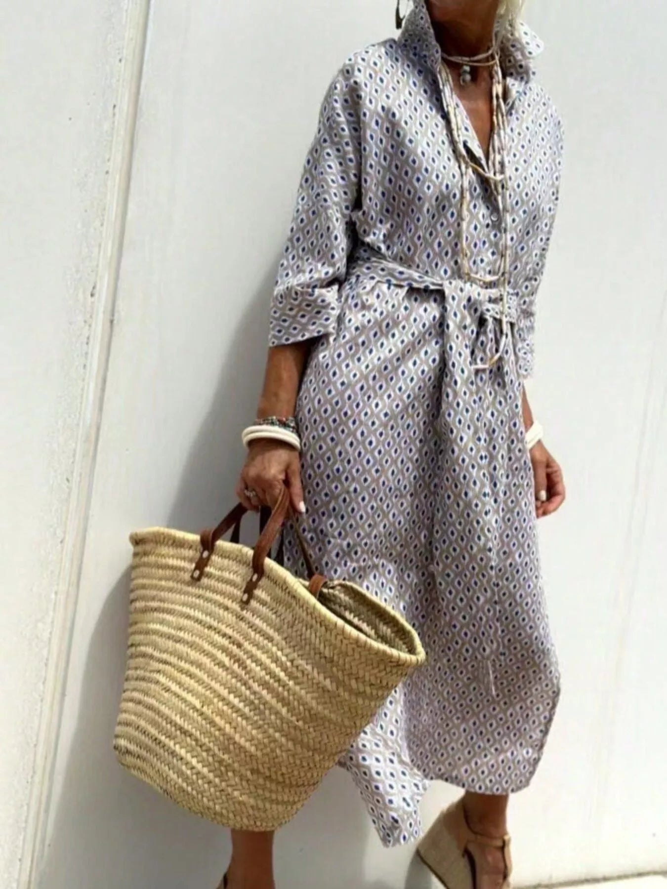 Full Size Printed Button-Down Midi Dress Plus Size