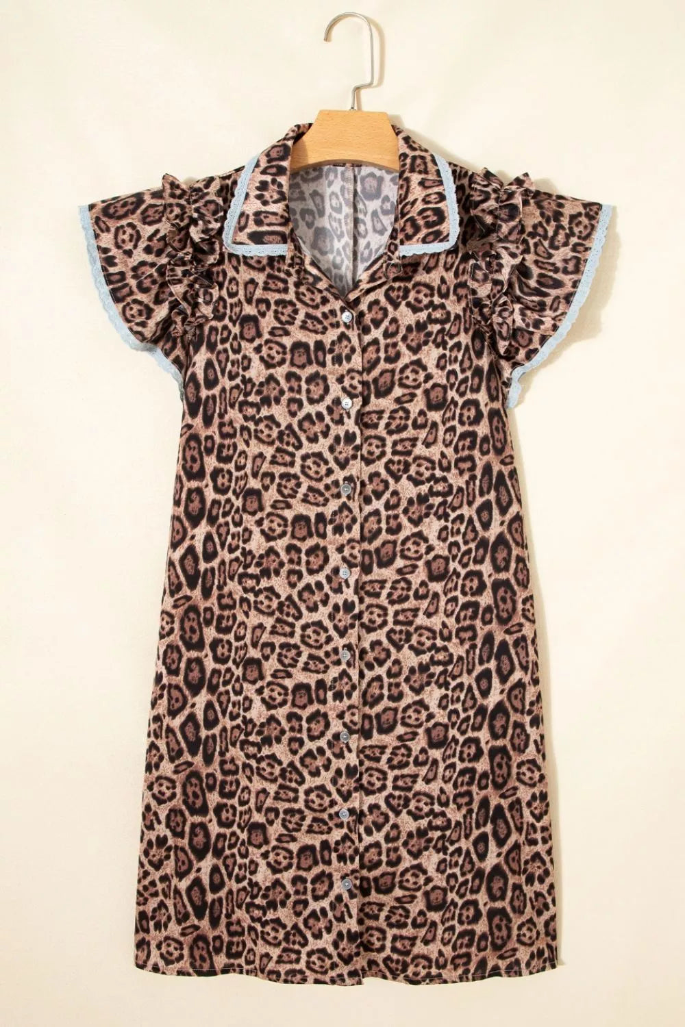 Leopard Print Lace Trim Shirt Collar Button Down Loose Mini Dress