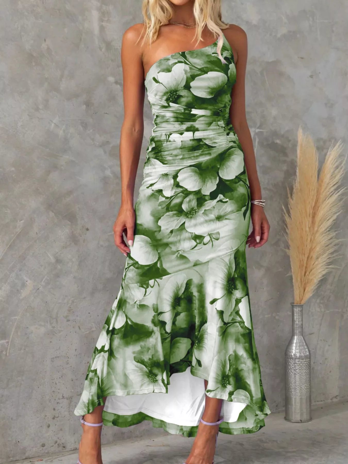 Floral Print One-Shoulder Ruched Maxi Dress