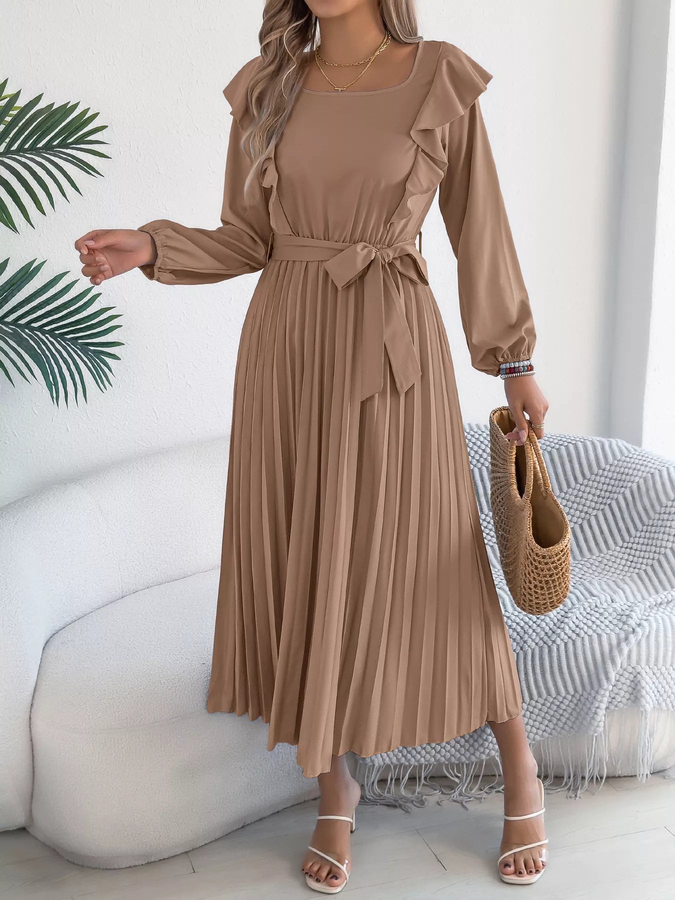 Ruffle Trim Pleated A-Line Midi Dress
