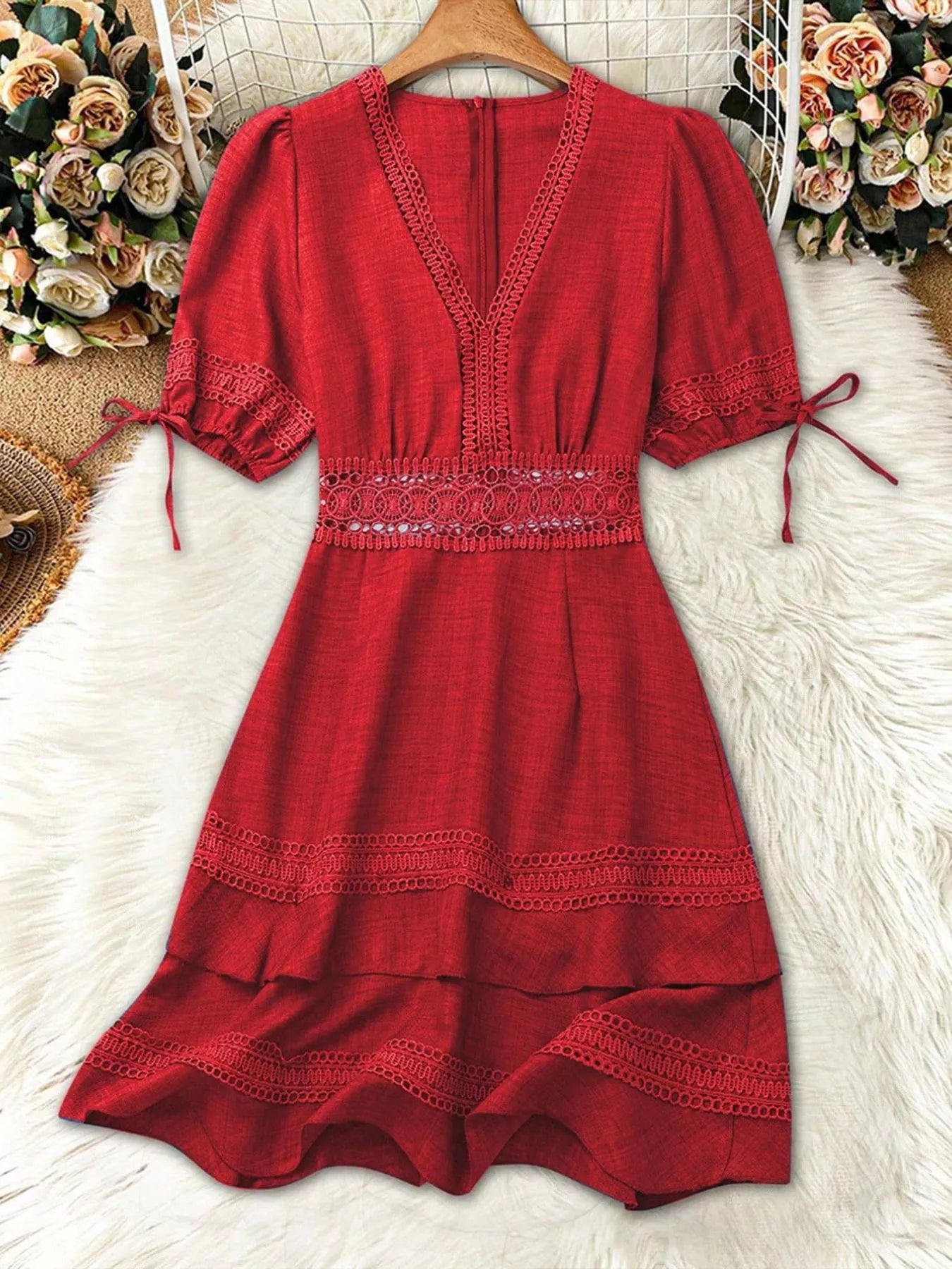 Lace Detail V-Neck Mini Dress