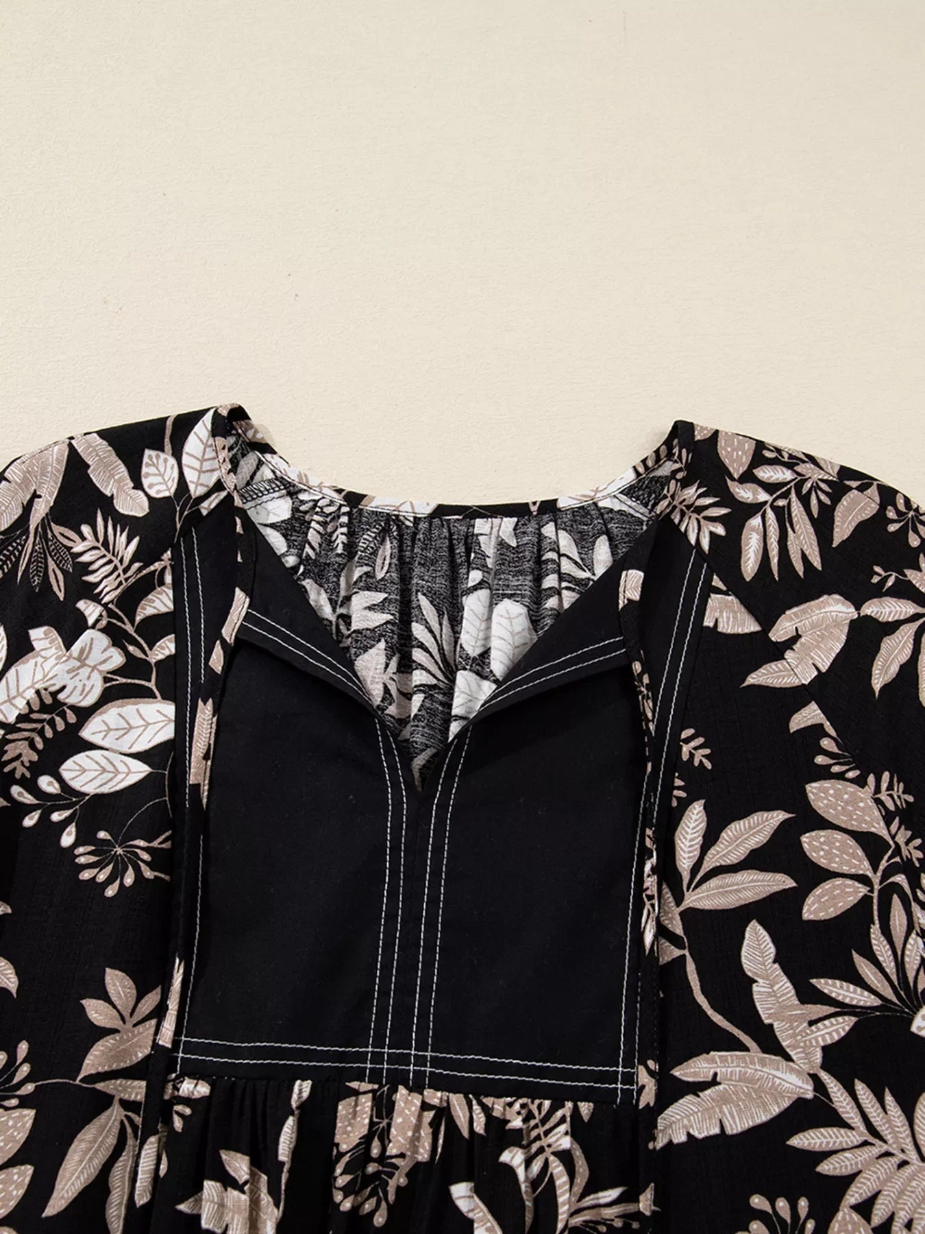3/4 Sleeve Botanical Print Split Neck Loose Mini Dress