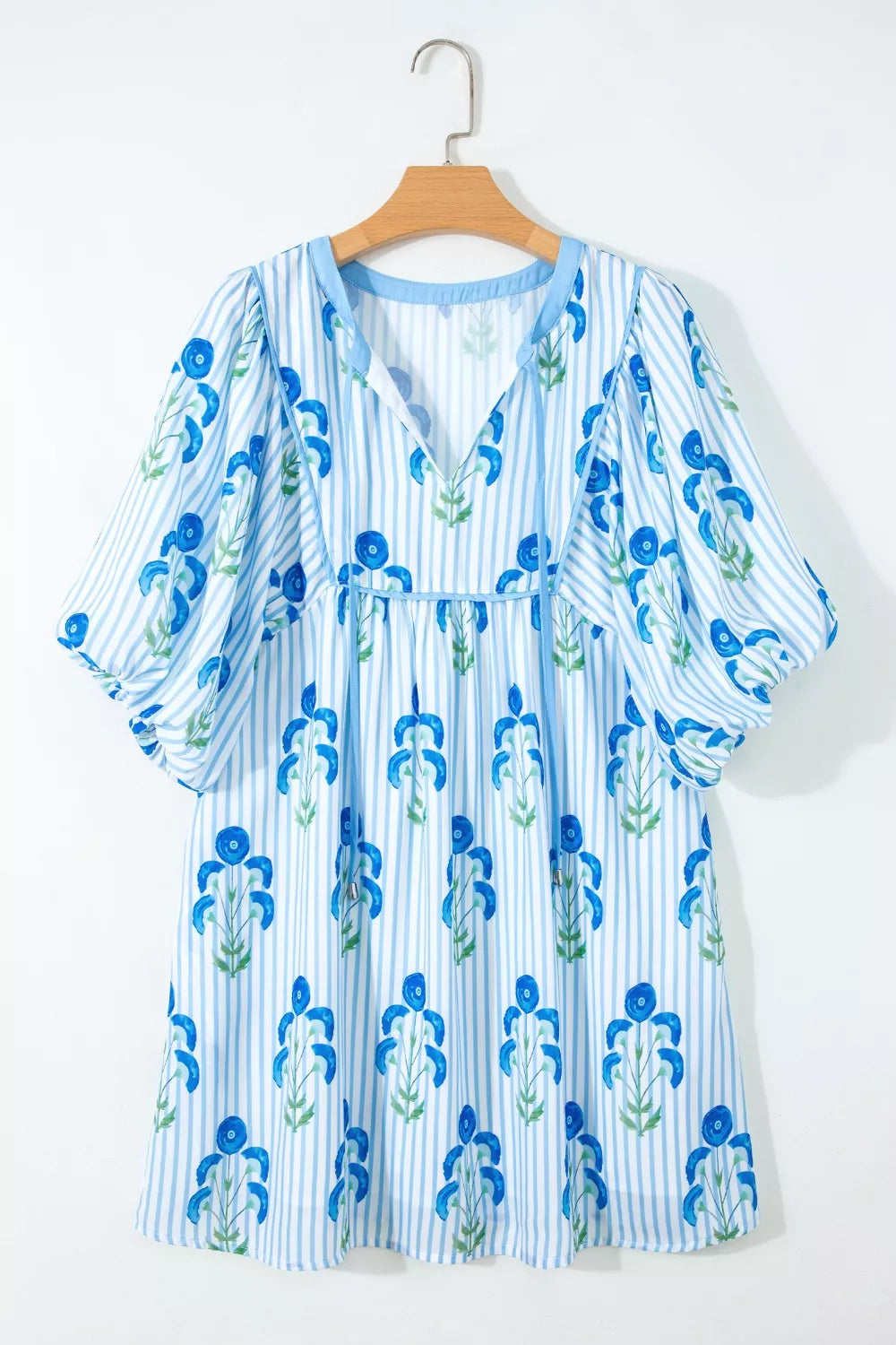 Floral Striped Print Tie Notched Neck Puff Sleeve Flared Mini Dress