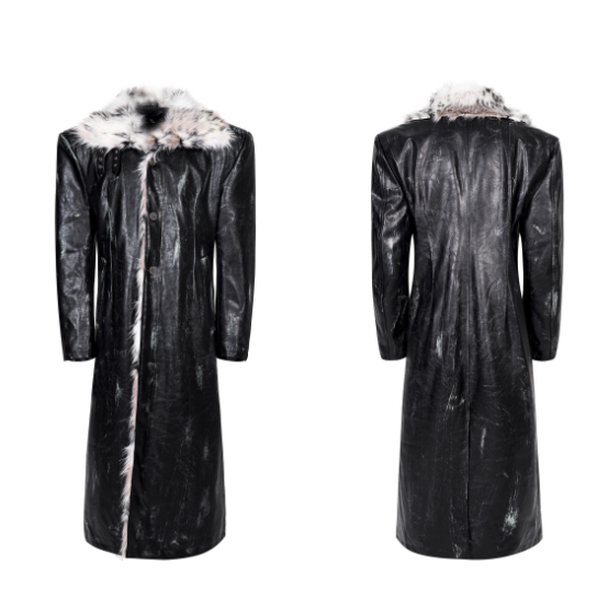 Hand-painted Distressed Long Leather Coat For Men