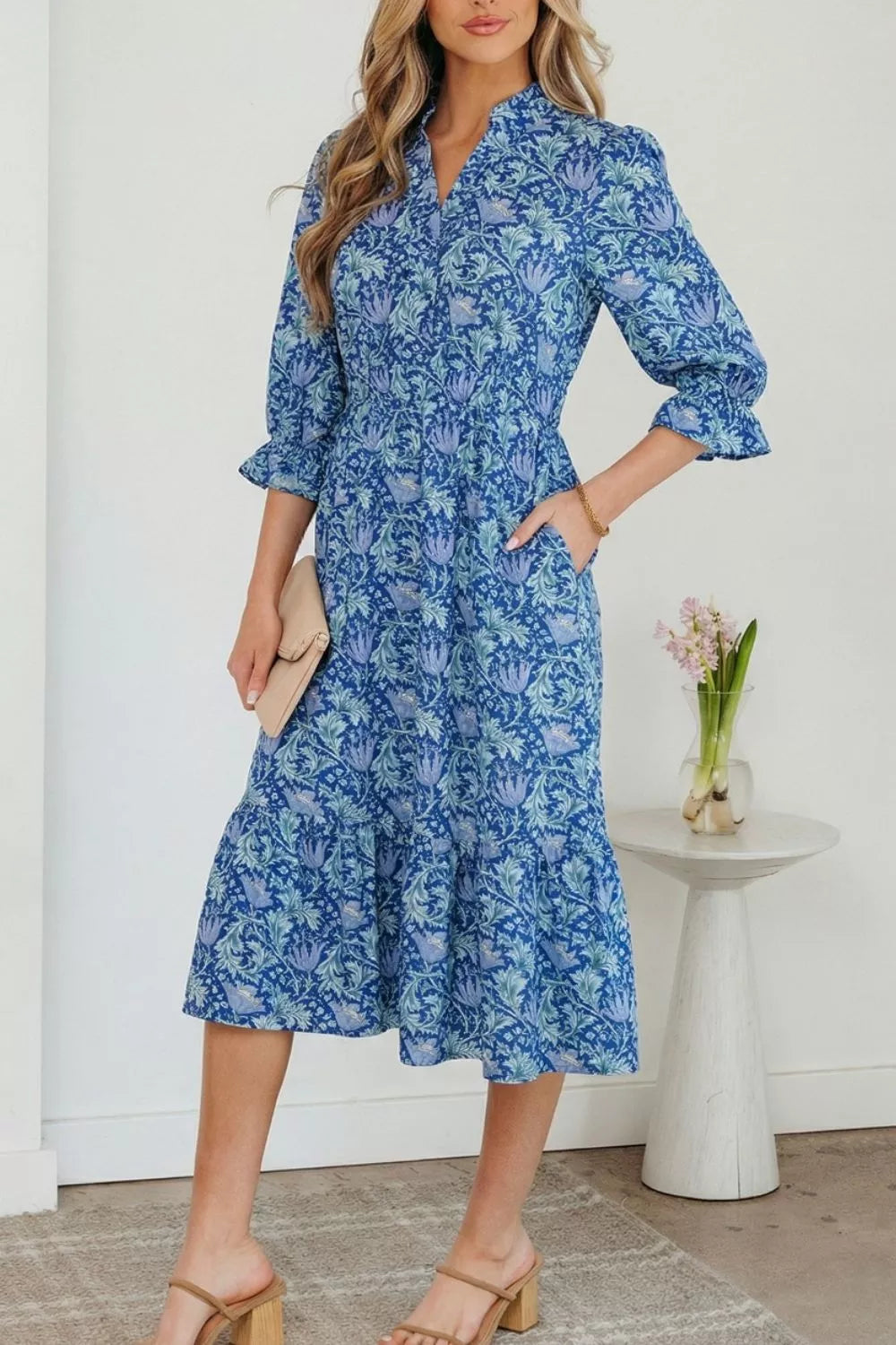 Floral Printed Frilled V Neck Bracelet Sleeve Long Dress