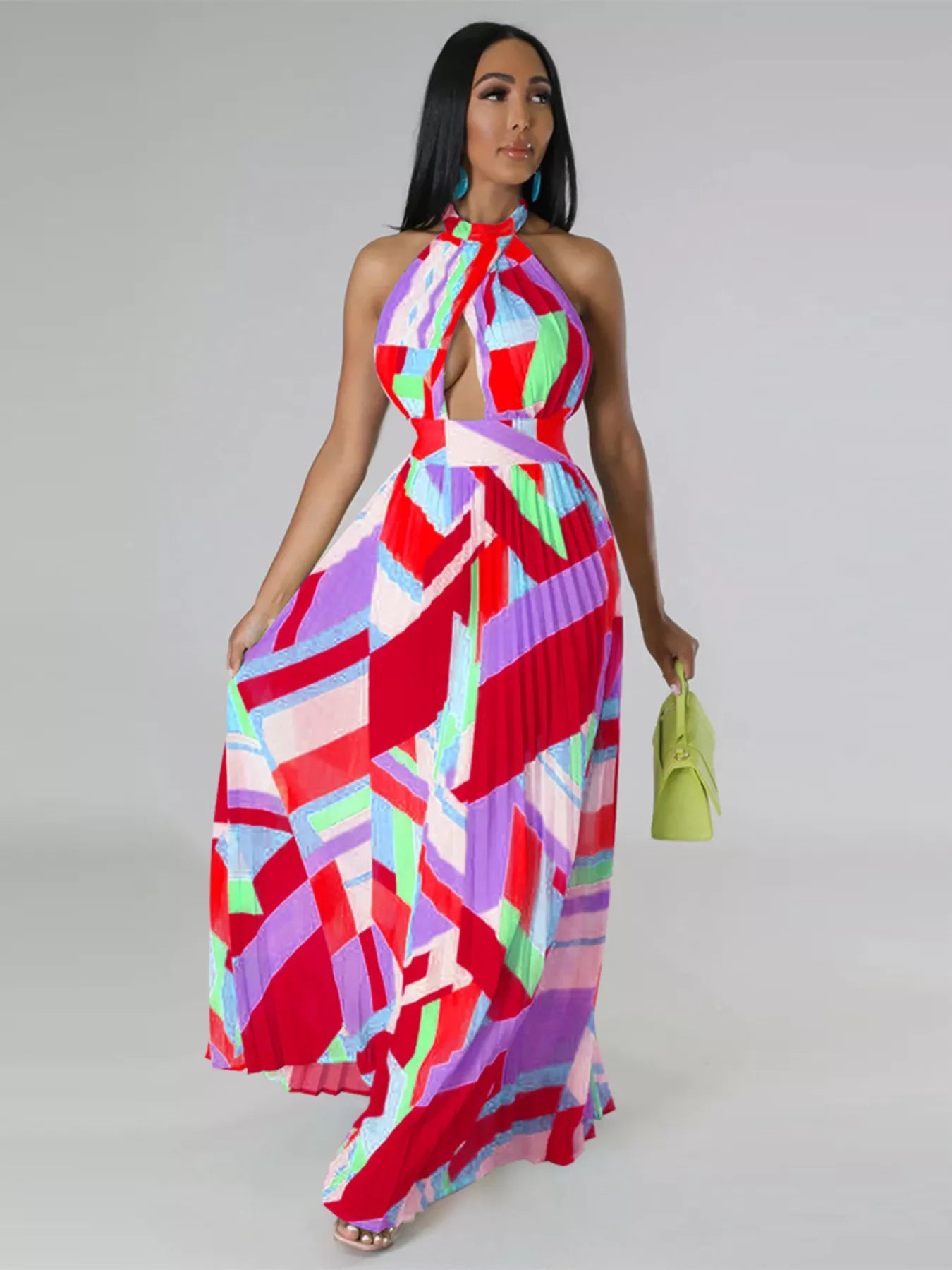 Halter Neck Geometric Print Pleated Maxi Dress