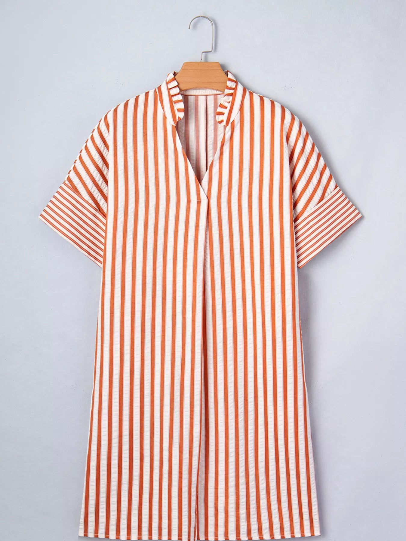 Stripe Pinched V Neck Turn-up Cuffs Shift Mini Dress